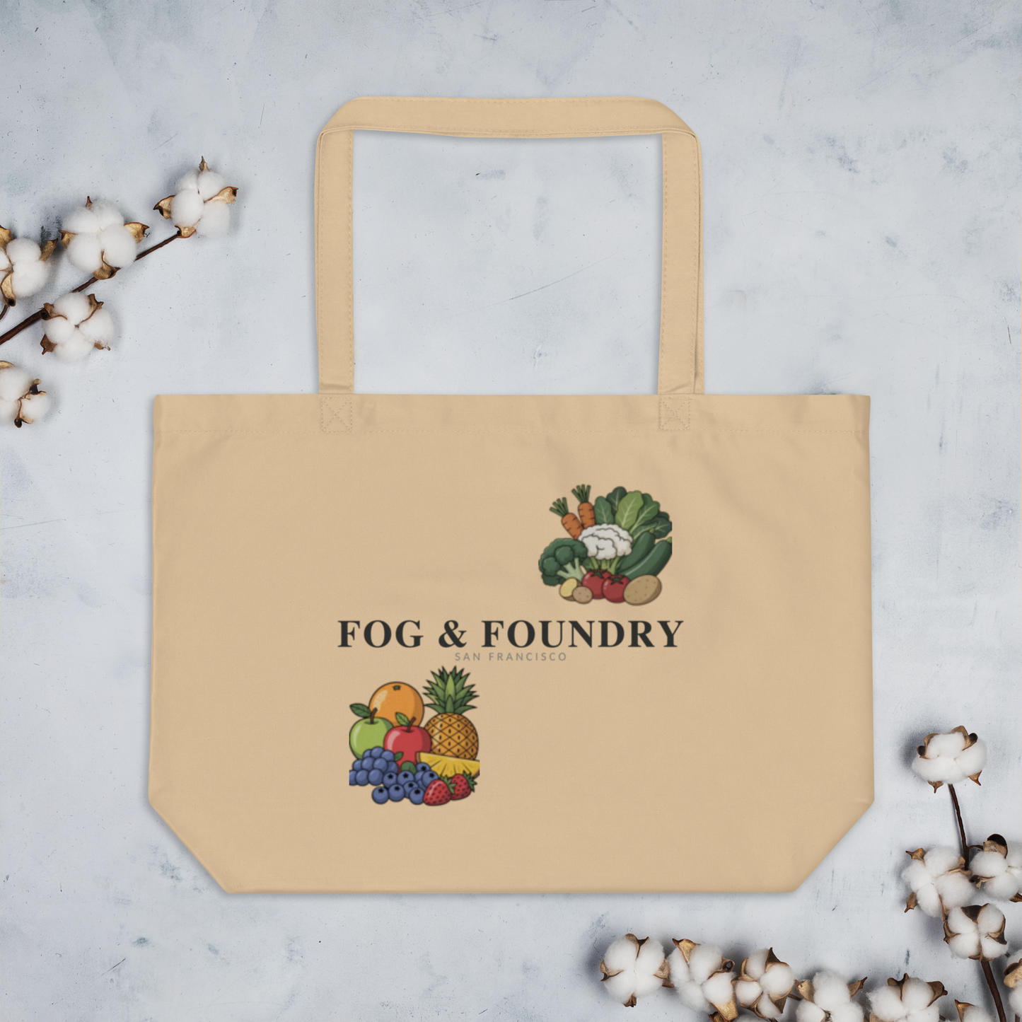 Large organic cotton tote bag by Fog & Foundry with oyster-colored fabric and sturdy handles.