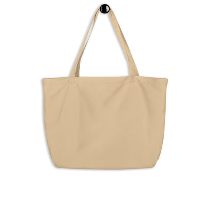 Large purple organic tote bag by Fog & Foundry, showing its eco-friendly fabric and spacious oyster-colored interior.