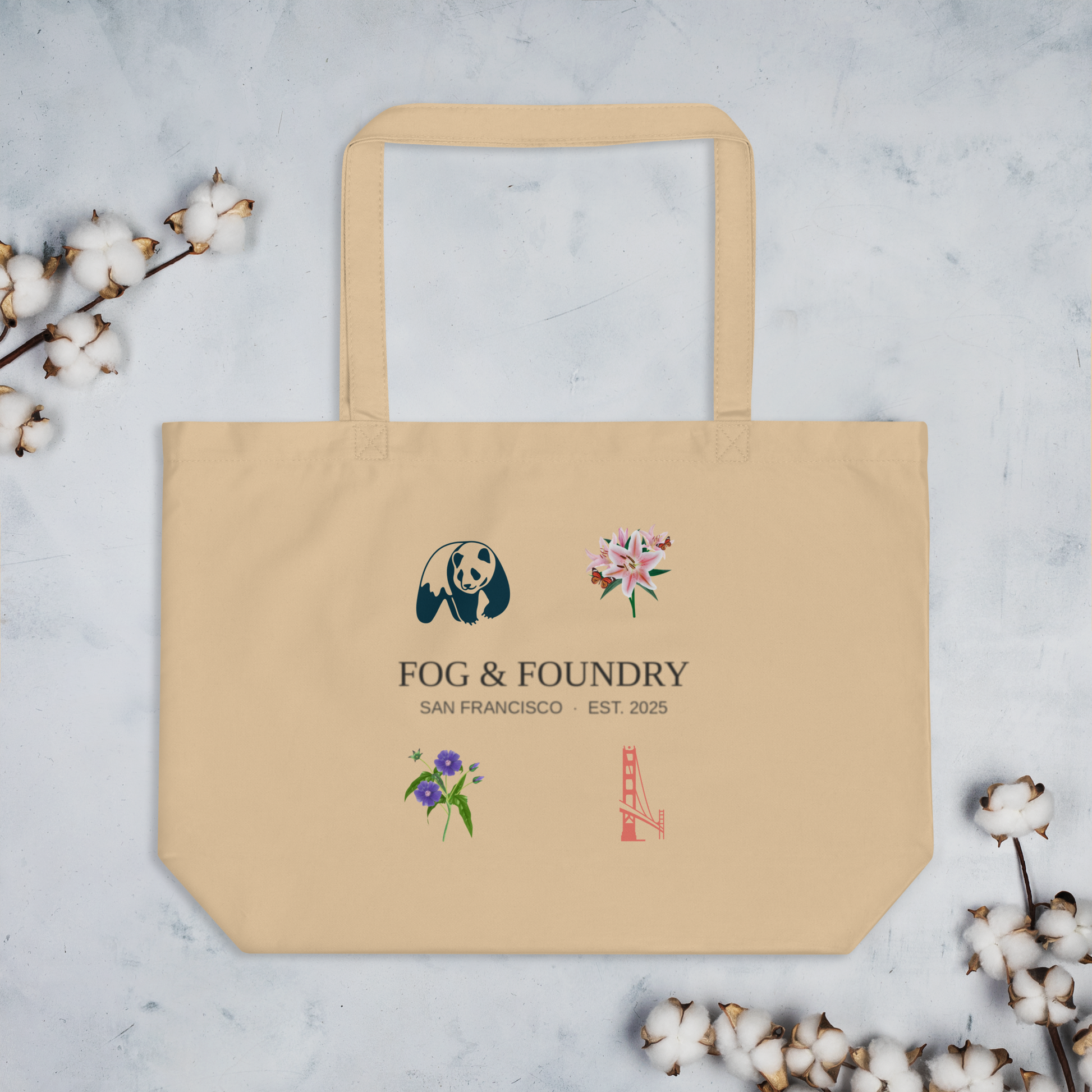 Large organic cotton tote bag by Fog & Foundry with oyster-colored fabric and sturdy handles, ideal for everyday use.