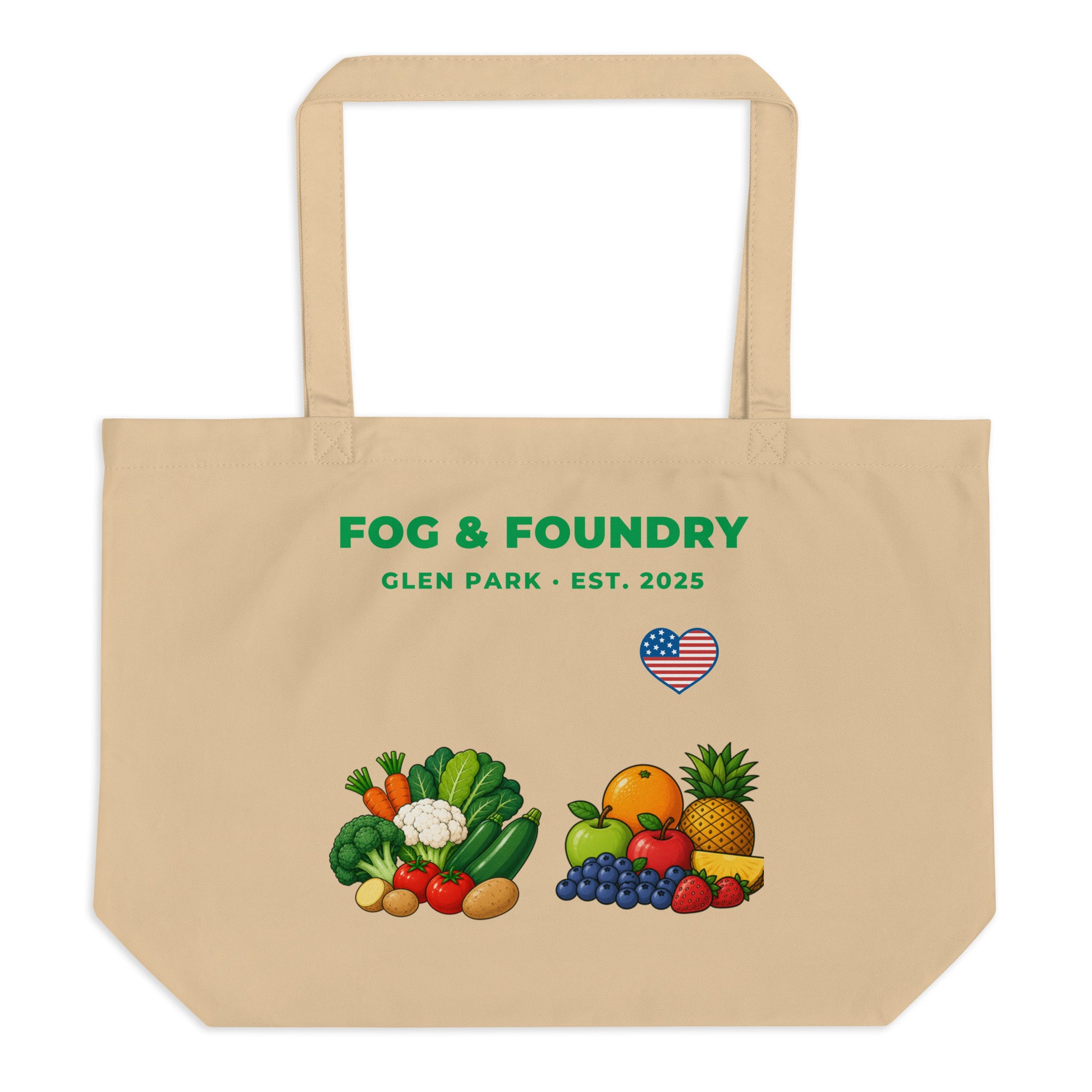 Large organic green cotton tote bag by Fog & Foundry with oyster-colored accents, shown from the front.