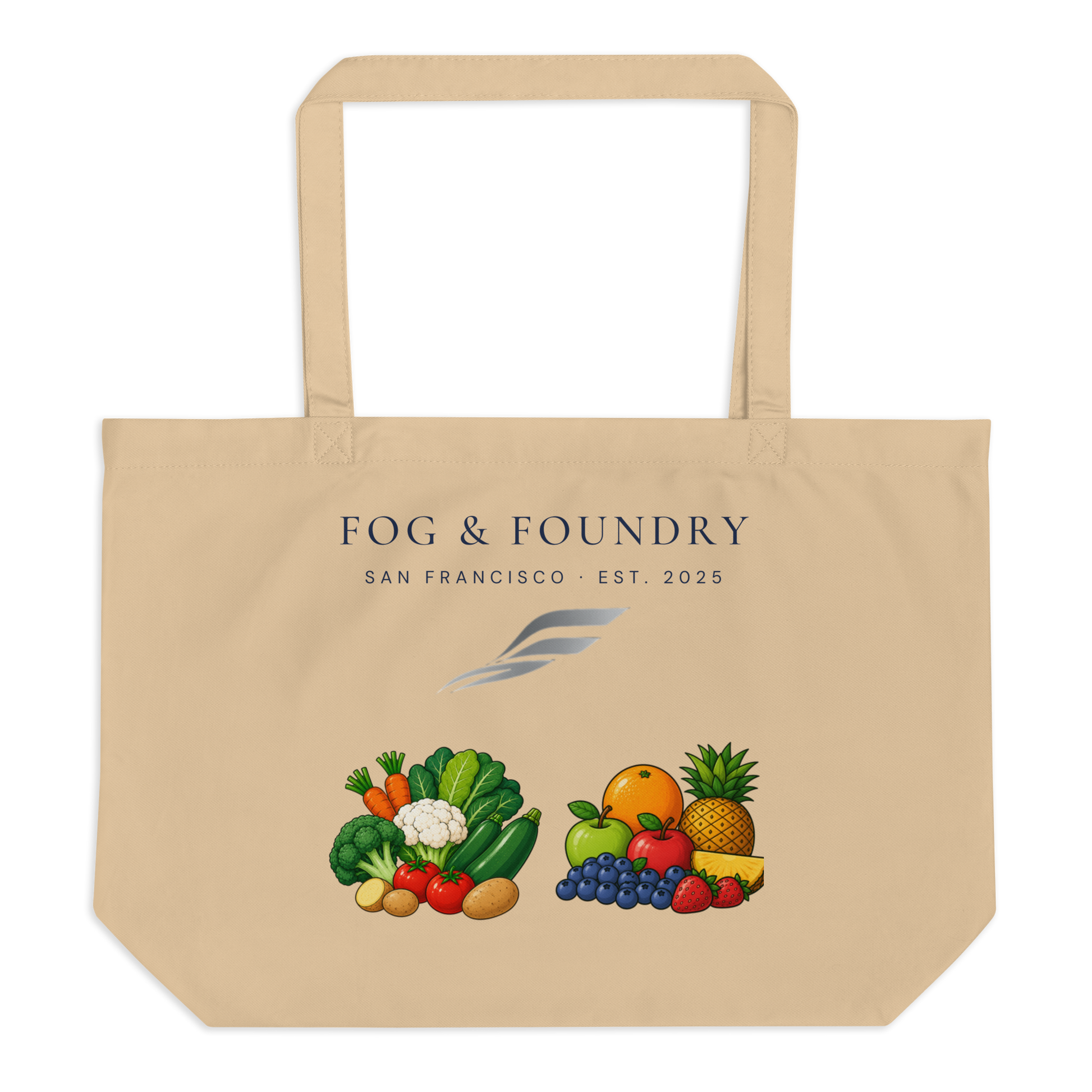 Large organic cotton tote navy blue front — Fog & Foundry