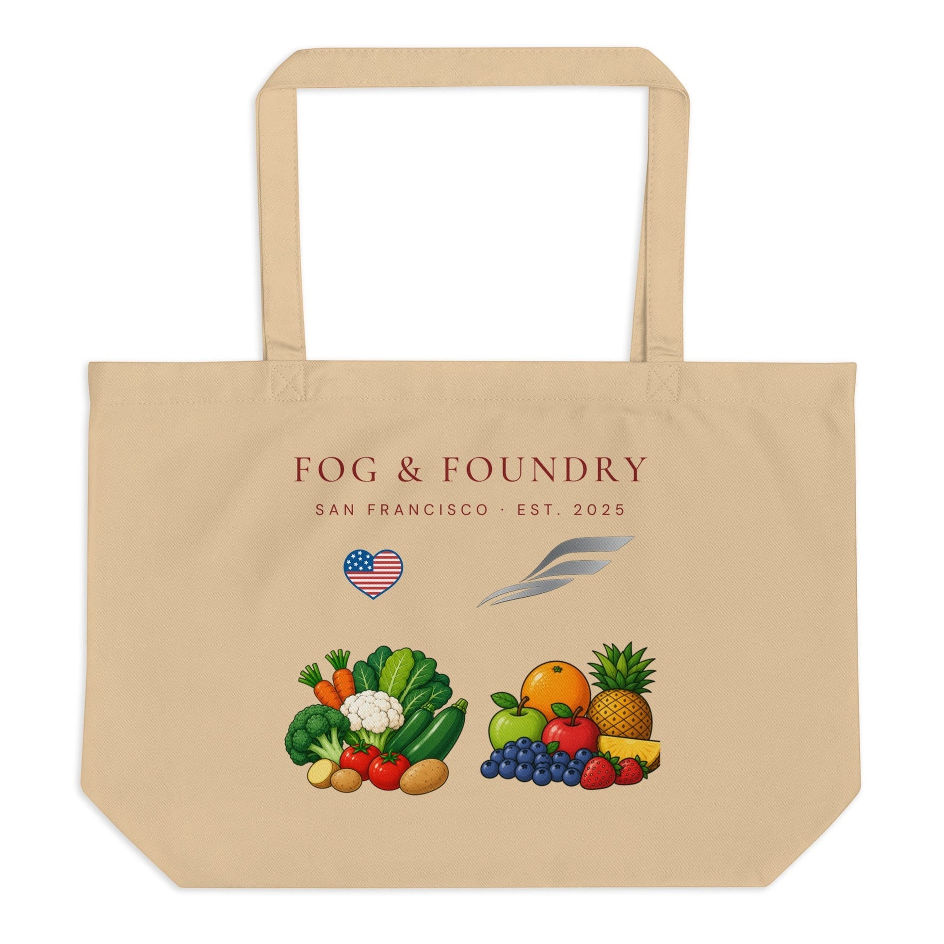 Large red organic cotton tote bag by Fog & Foundry, featuring a front view with sturdy handles and eco-friendly design.