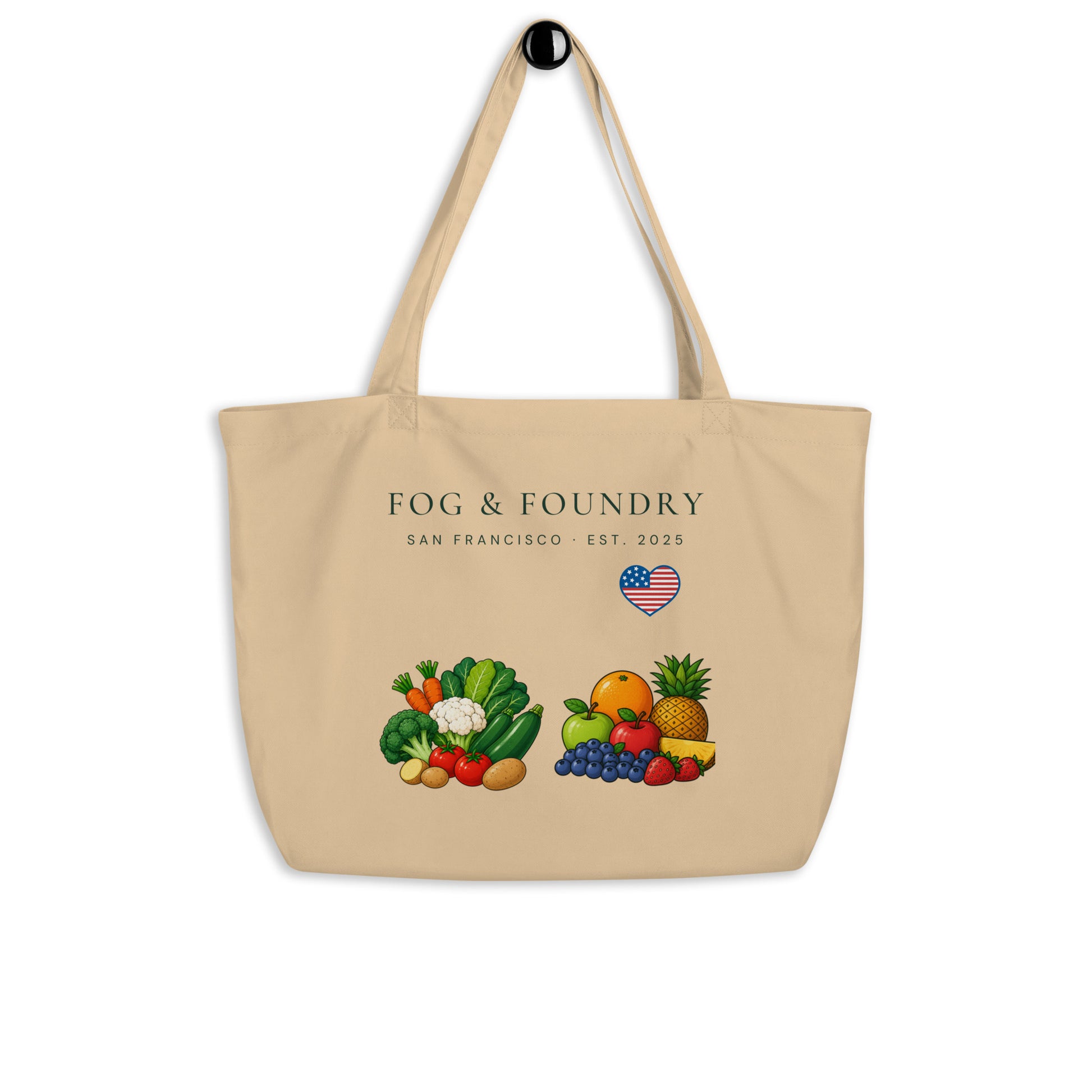 Large purple organic tote bag by Fog & Foundry with oyster-colored handles, showcasing eco-friendly design and spacious interior.