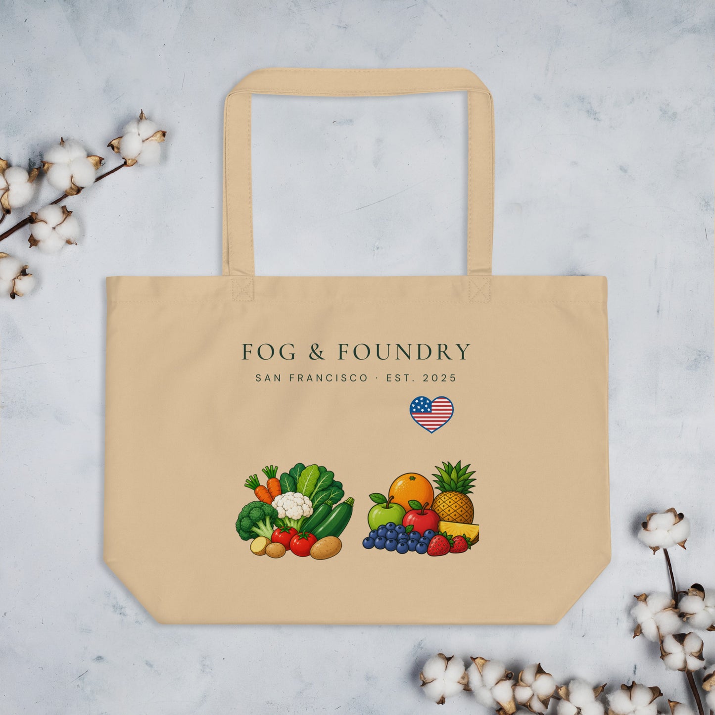 Large purple organic tote bag by Fog & Foundry with oyster-colored accents, showcasing eco-friendly design and spacious interior.
