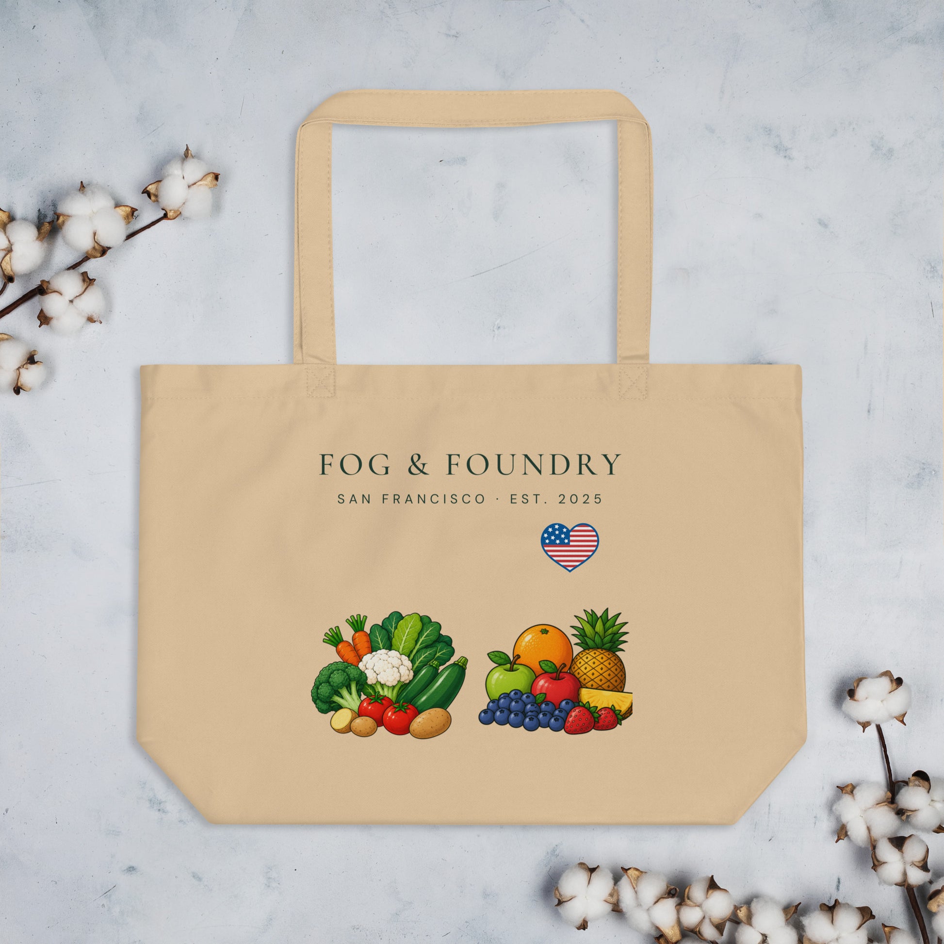 Large purple organic tote bag by Fog & Foundry with oyster-colored accents, showcasing eco-friendly design and spacious interior.