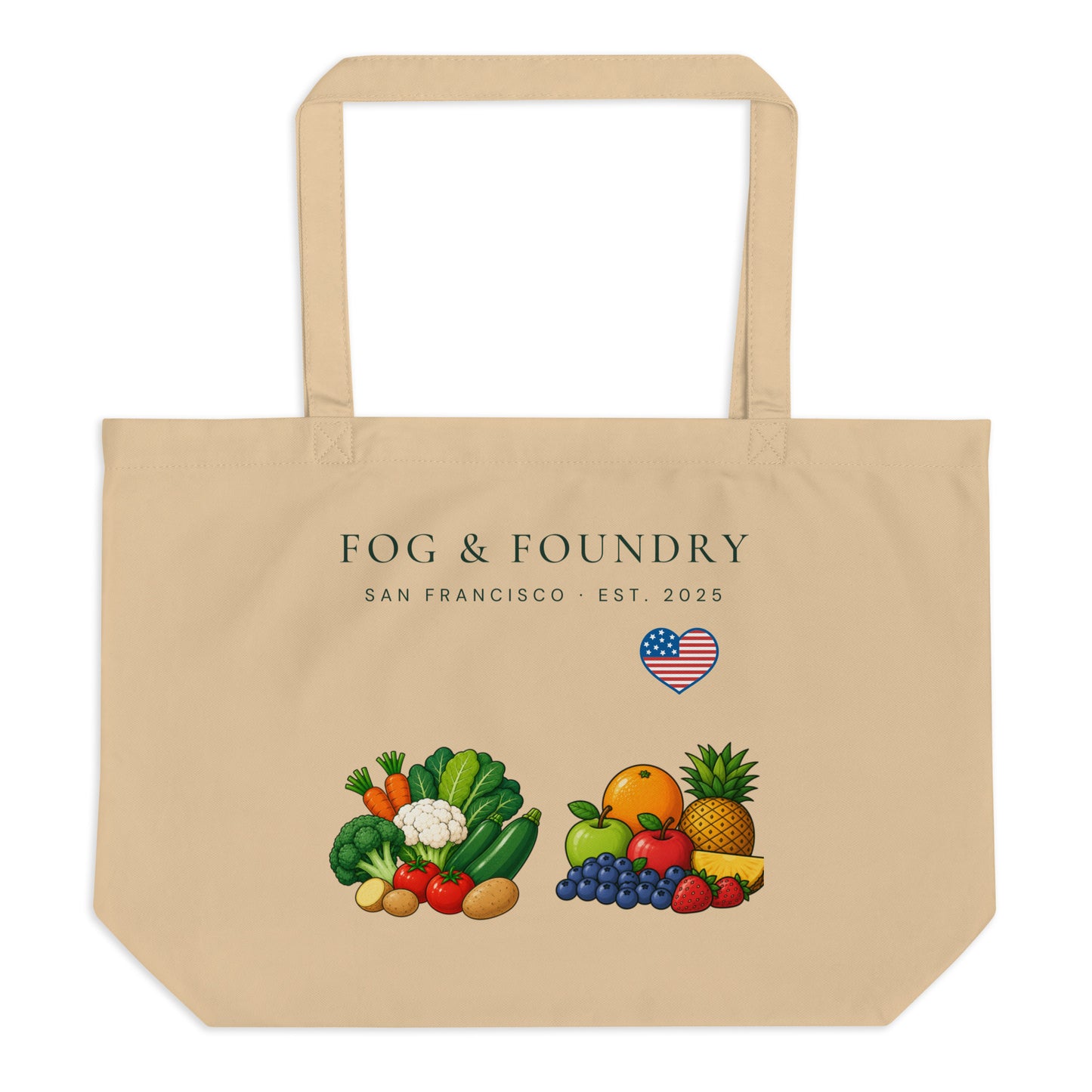 Large purple organic tote bag from Fog & Foundry, showing the oyster-colored front with sturdy handles and eco-friendly design.