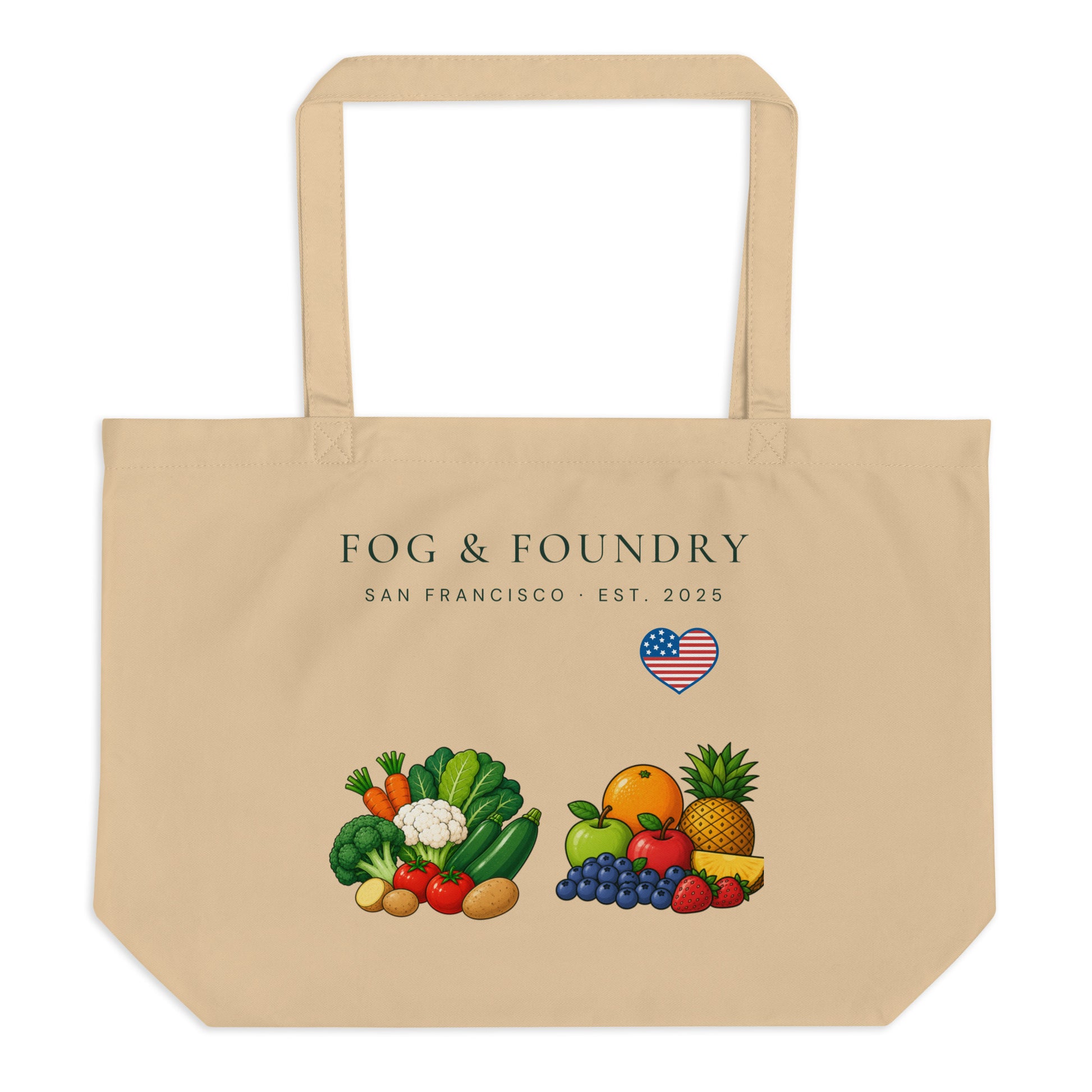 Large purple organic tote bag from Fog & Foundry, showing the oyster-colored front with sturdy handles and eco-friendly design.