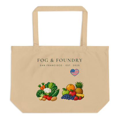 Large purple organic tote bag from Fog & Foundry, showing the oyster-colored front with sturdy handles and eco-friendly design.