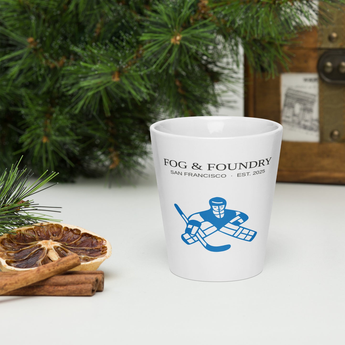 White 12 oz Sporting Time Mug by Fog & Foundry featuring a front view of the latte mug with sporty design.