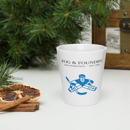 White 12 oz Sporting Time Mug by Fog & Foundry featuring a front view of the latte mug with sporty design.