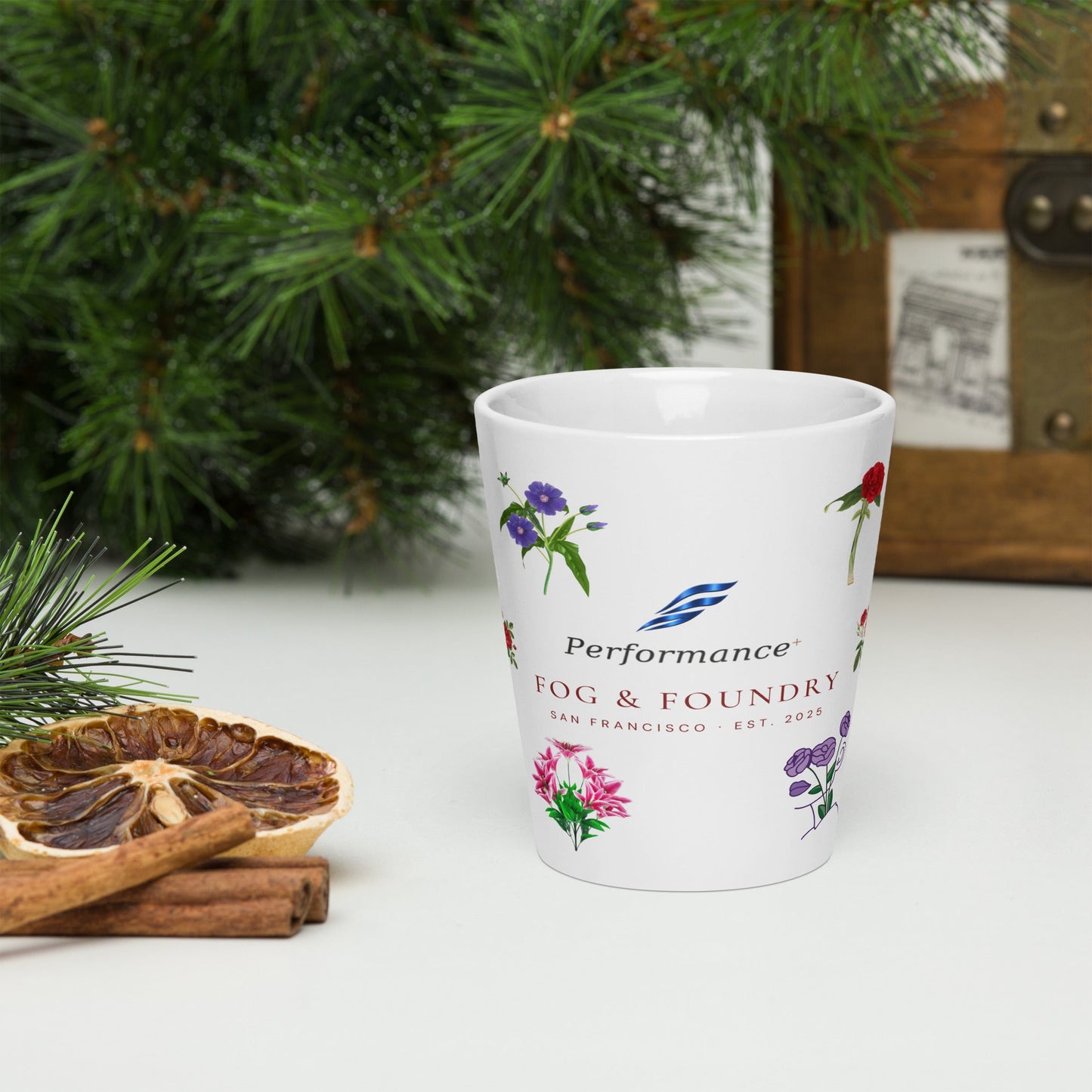 White 12 oz Flower Mug from Fog & Foundry with a floral design, shown from the front view.
