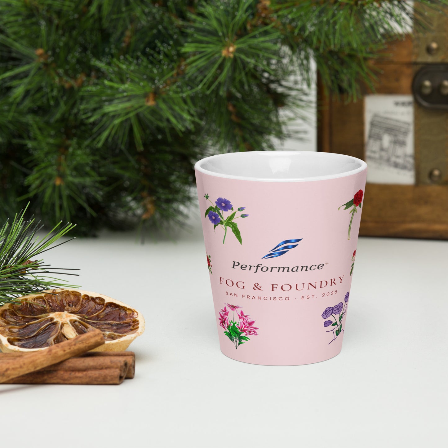 White 12 oz Flower Mug from Fog & Foundry with a floral design, front view showing the detailed pattern and ceramic material.