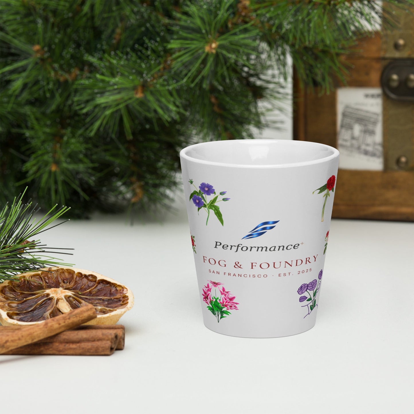 White 12 oz Flower Mug by Fog & Foundry with floral design, shown from the front, perfect for coffee or tea.
