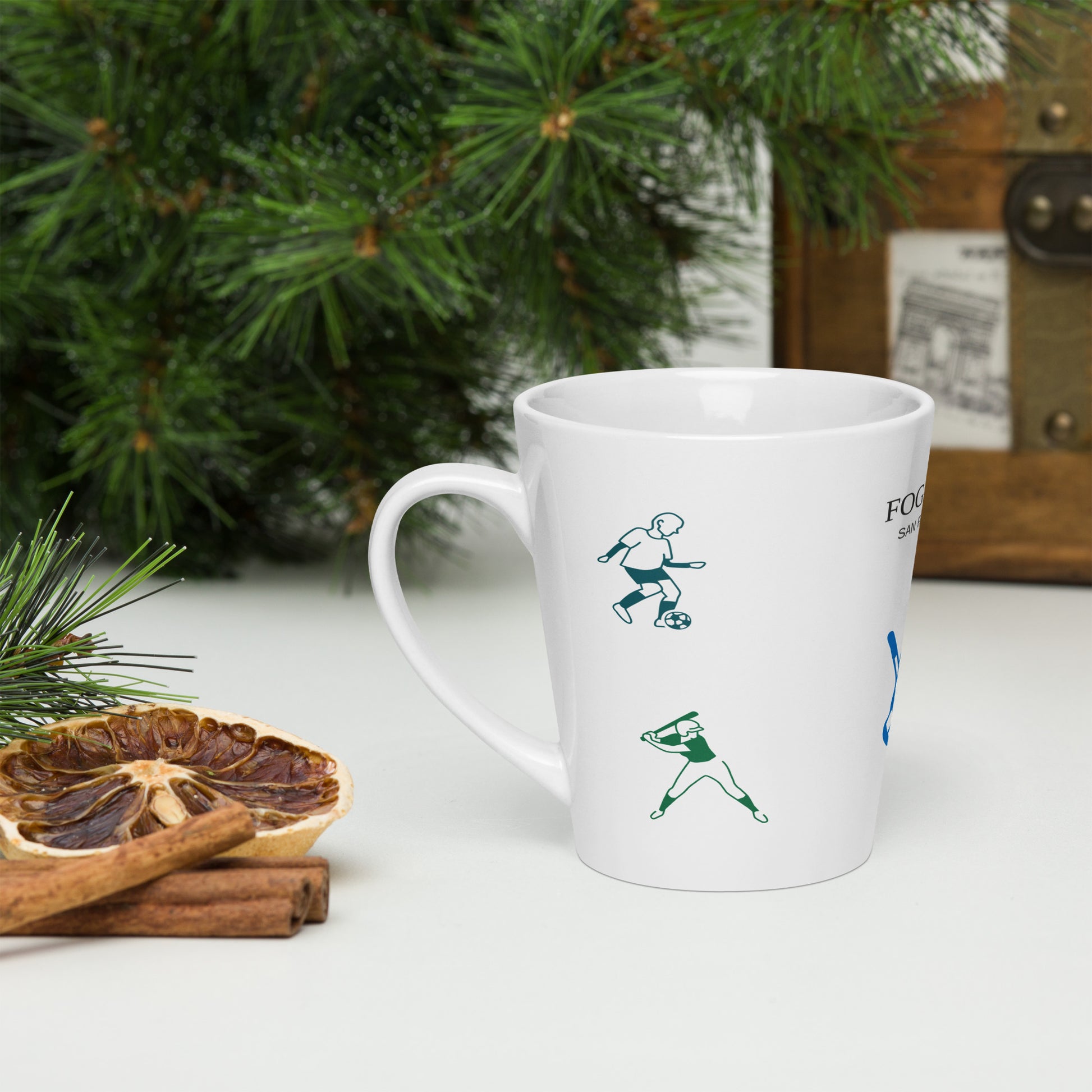 White 12 oz Sporting Time mug by Fog & Foundry, shown from the left side with a smooth ceramic surface.