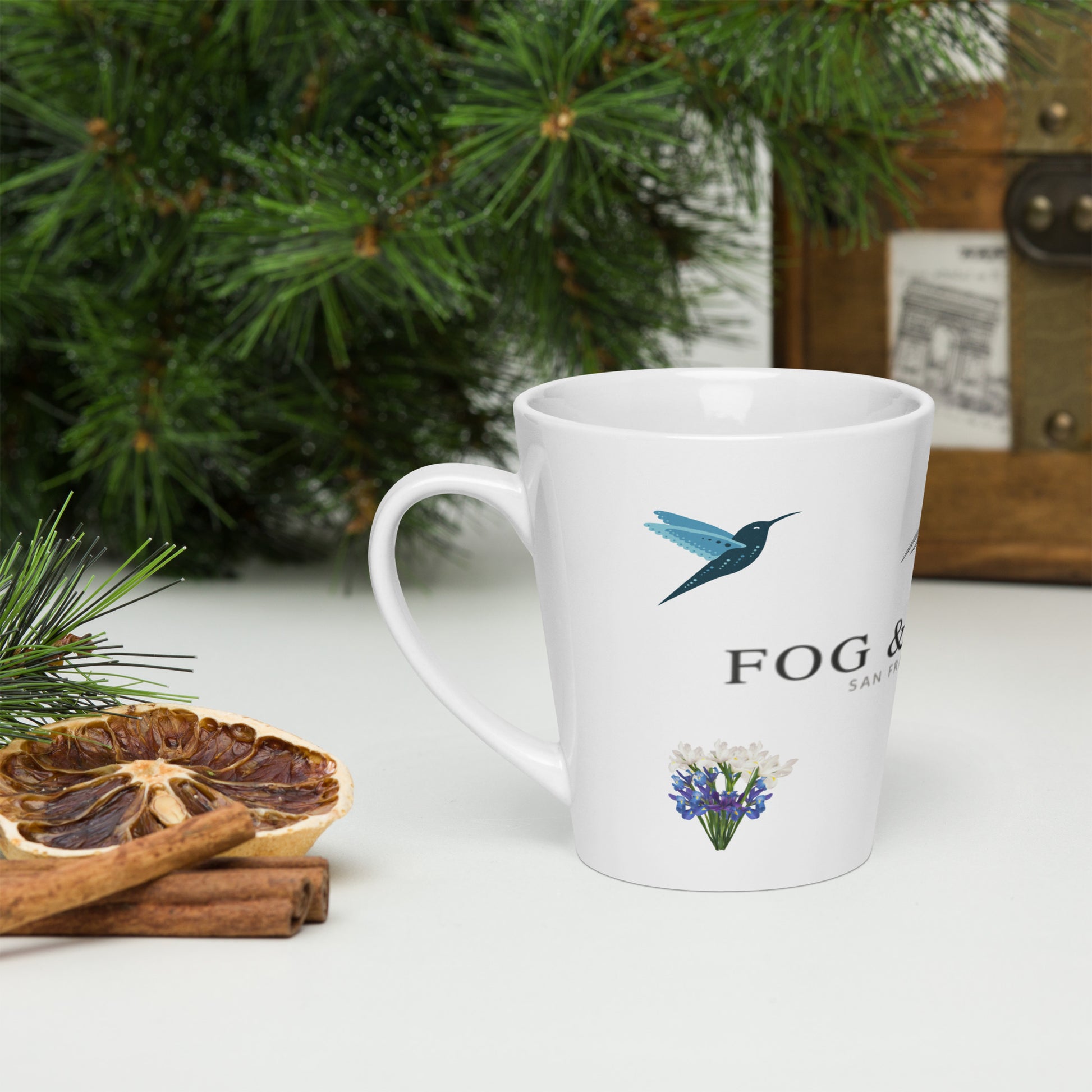 White Foggy Quiet Time Mug by Fog & Foundry, 12 oz ceramic latte mug shown from the left side.