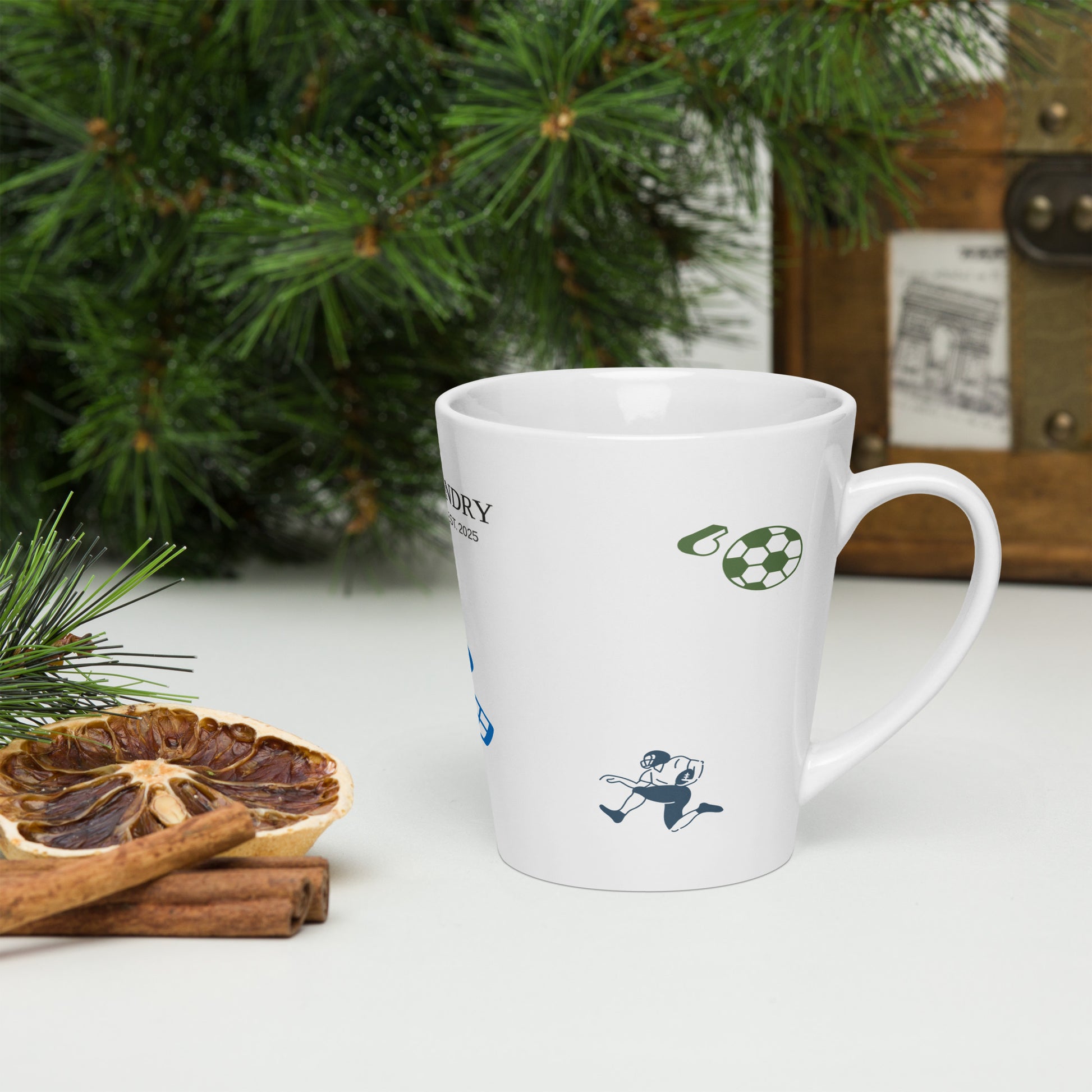 White 12 oz Sporting Time Mug by Fog & Foundry with a latte-style design, shown from the right side.