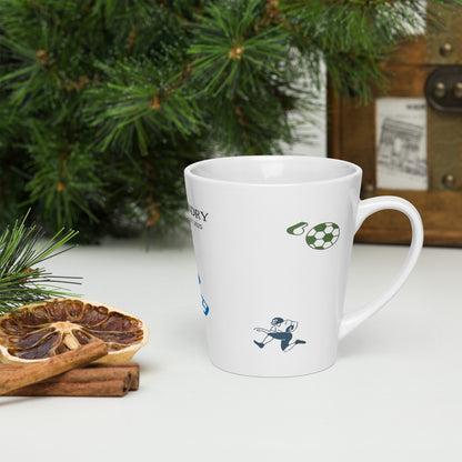 White 12 oz Sporting Time Mug by Fog & Foundry with a latte-style design, shown from the right side.