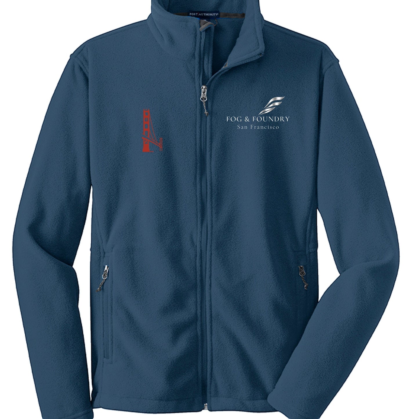 Full-zip fleece jacket by Fog & Foundry, featuring a soft exterior, hood, and comfortable fit in dark color.