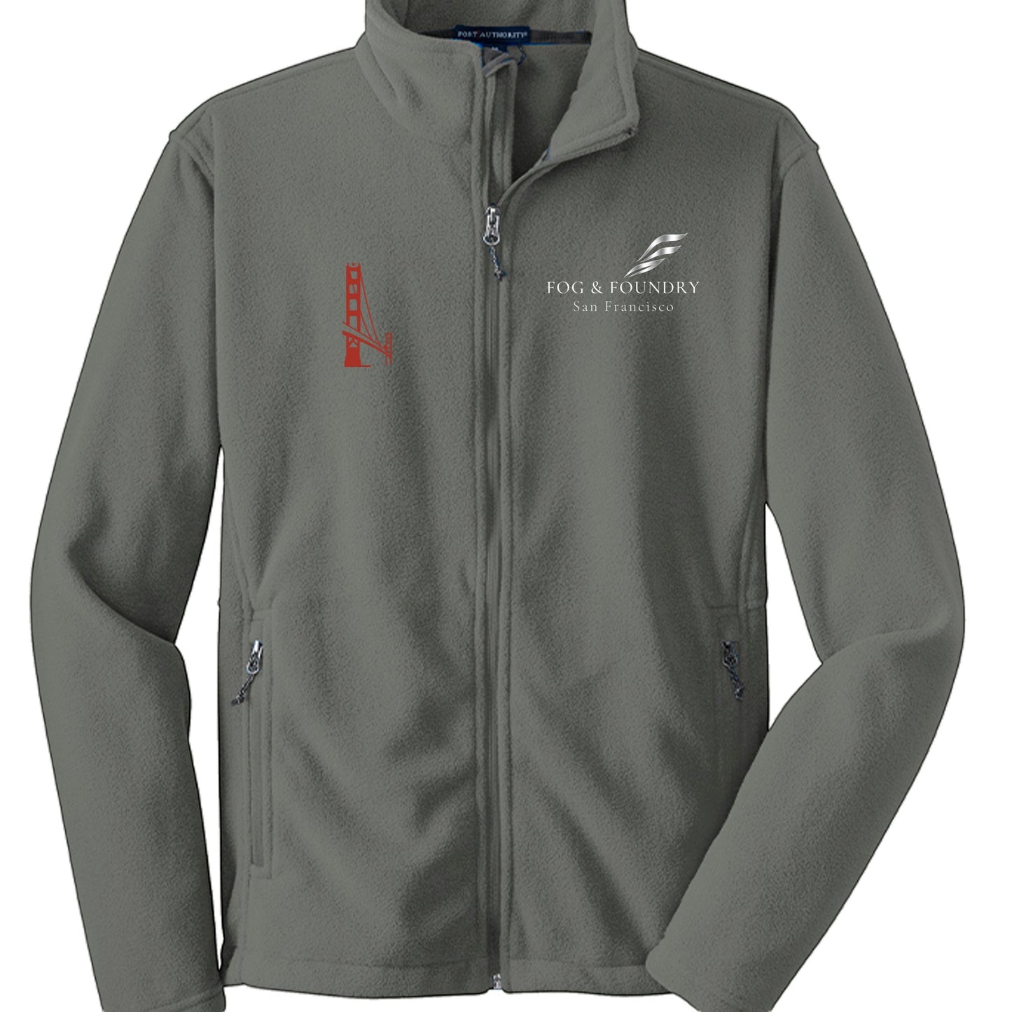 Full-zip fleece jacket by Fog & Foundry featuring a soft, cozy navy fleece with a stand collar and front pockets.