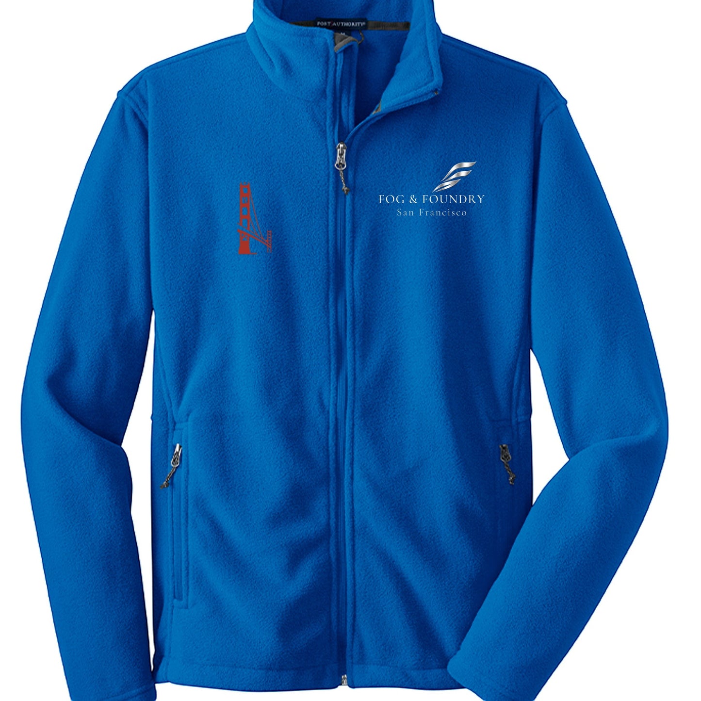 Full-zip fleece jacket by Fog & Foundry, shown in navy with a soft textured fabric and front zipper closure.