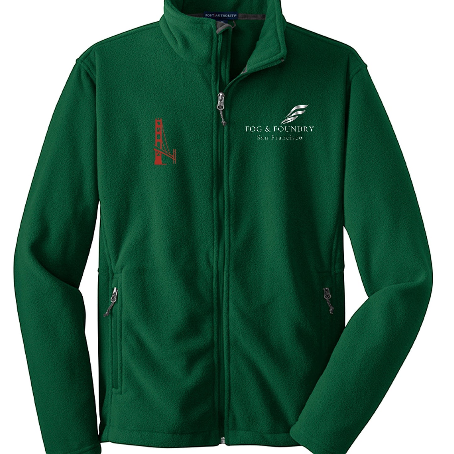 Full-zip fleece jacket by Fog & Foundry, showing a cozy, dark-colored fleece with front zipper and collar detail.