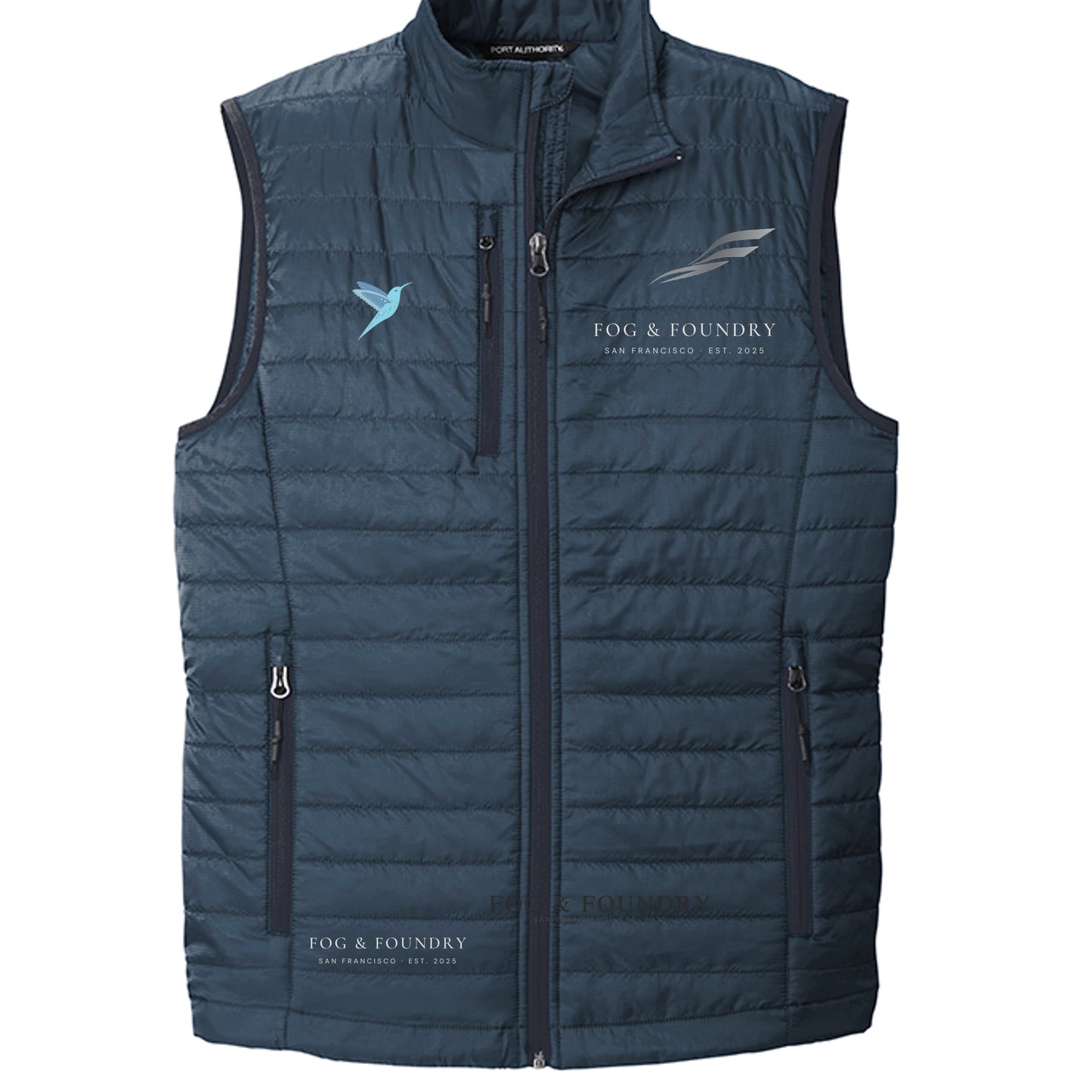 The Marina vest river blue navy front — Fog & Foundry
