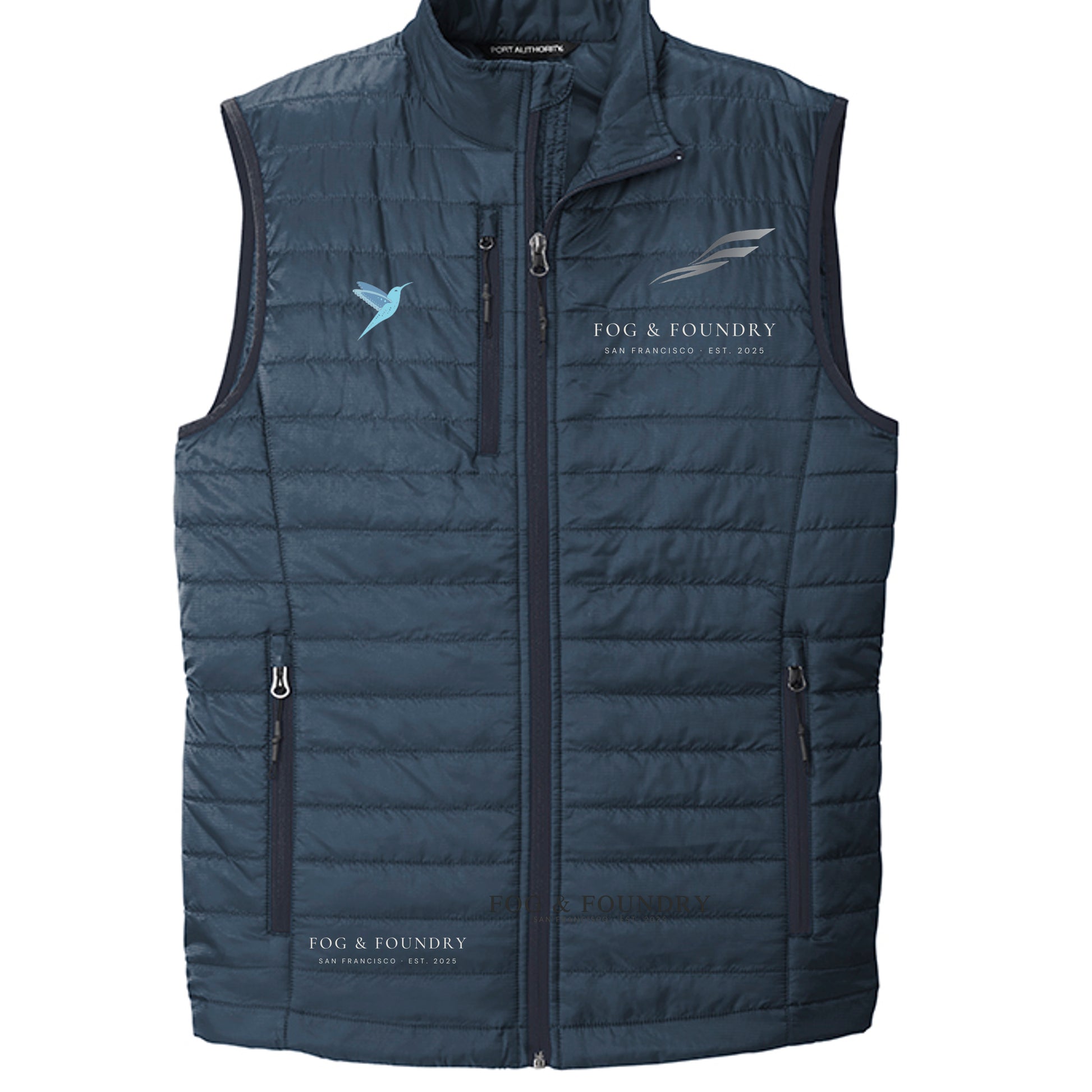 The Marina vest river blue navy front — Fog & Foundry