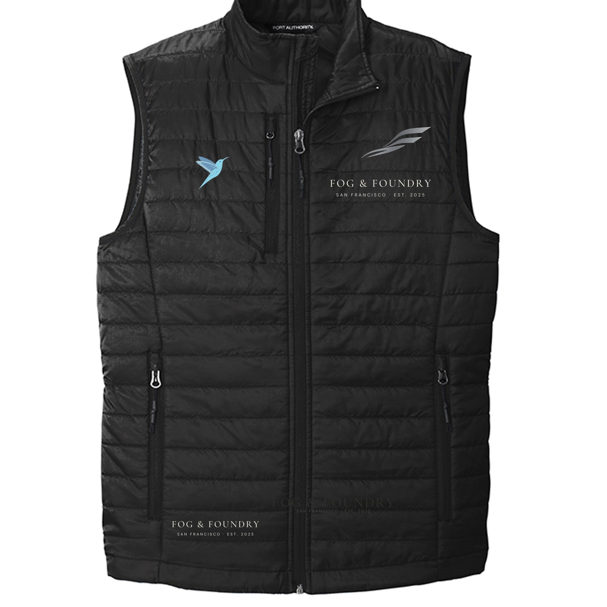 The Marina vest deep black front — Fog & Foundry