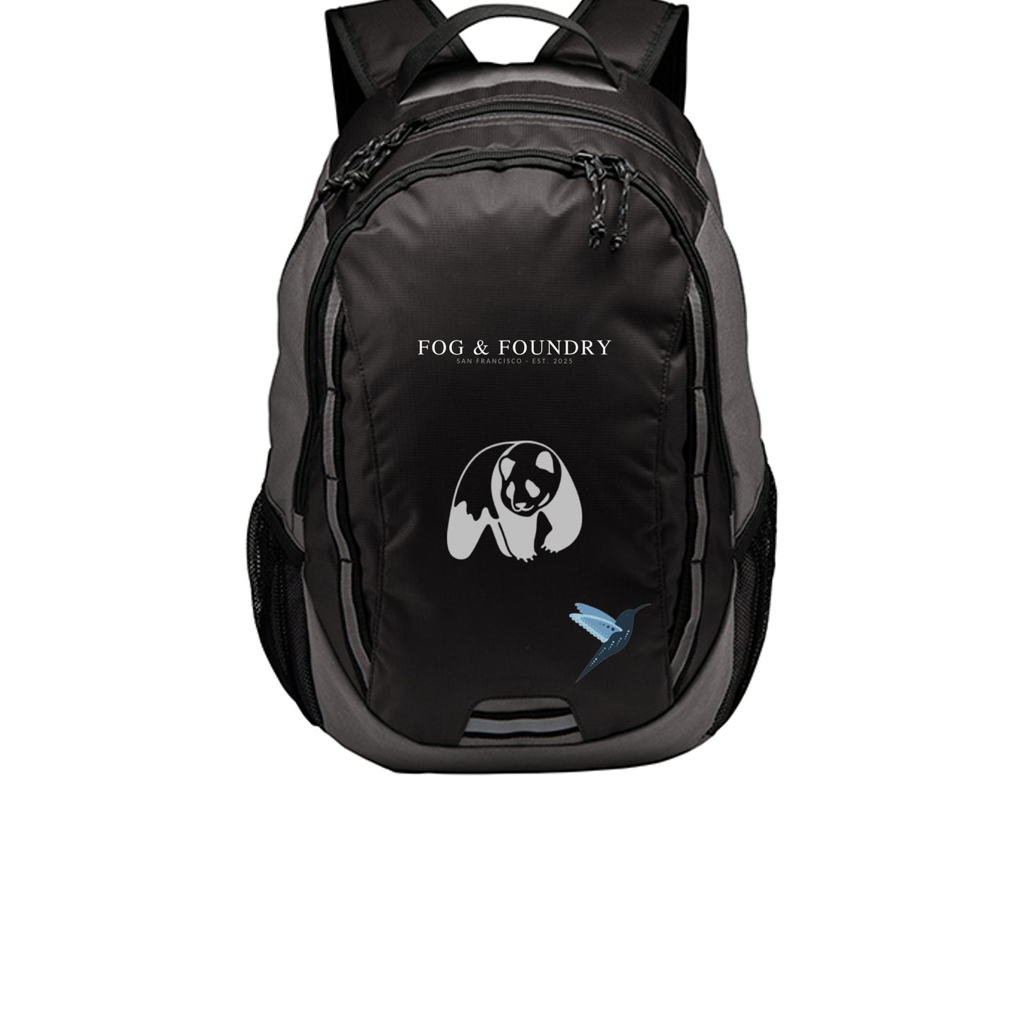 Yoga mindset backpack dark charcoal front — Fog & Foundry