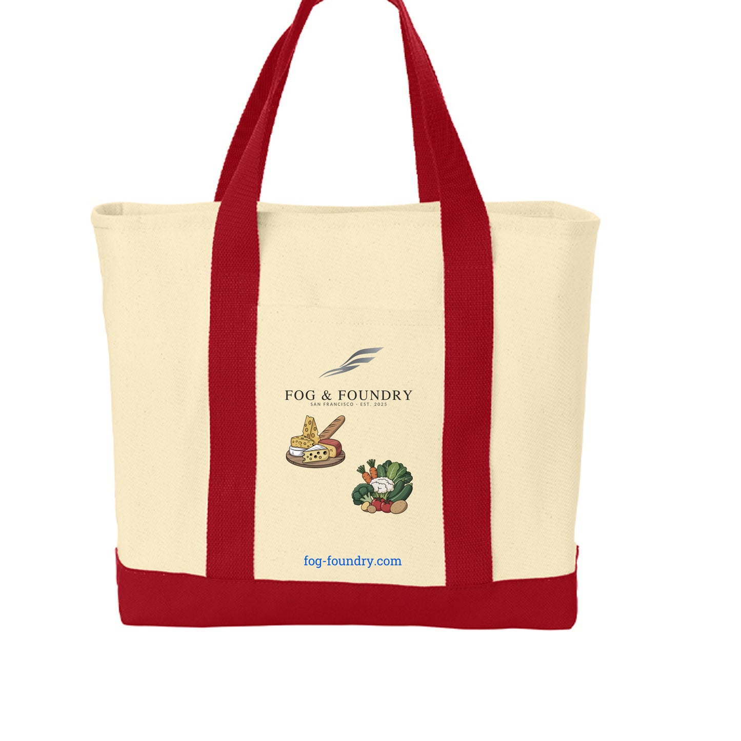 All purpose tote bag natural red front — Fog & Foundry