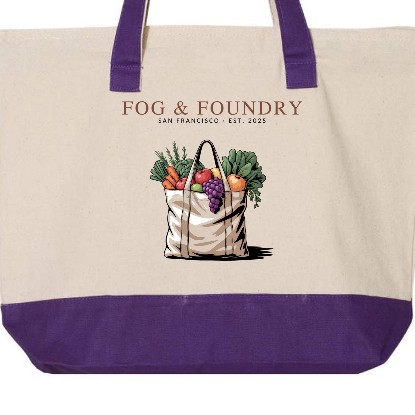 SF farmers market tote natural purple back — Fog & Foundry