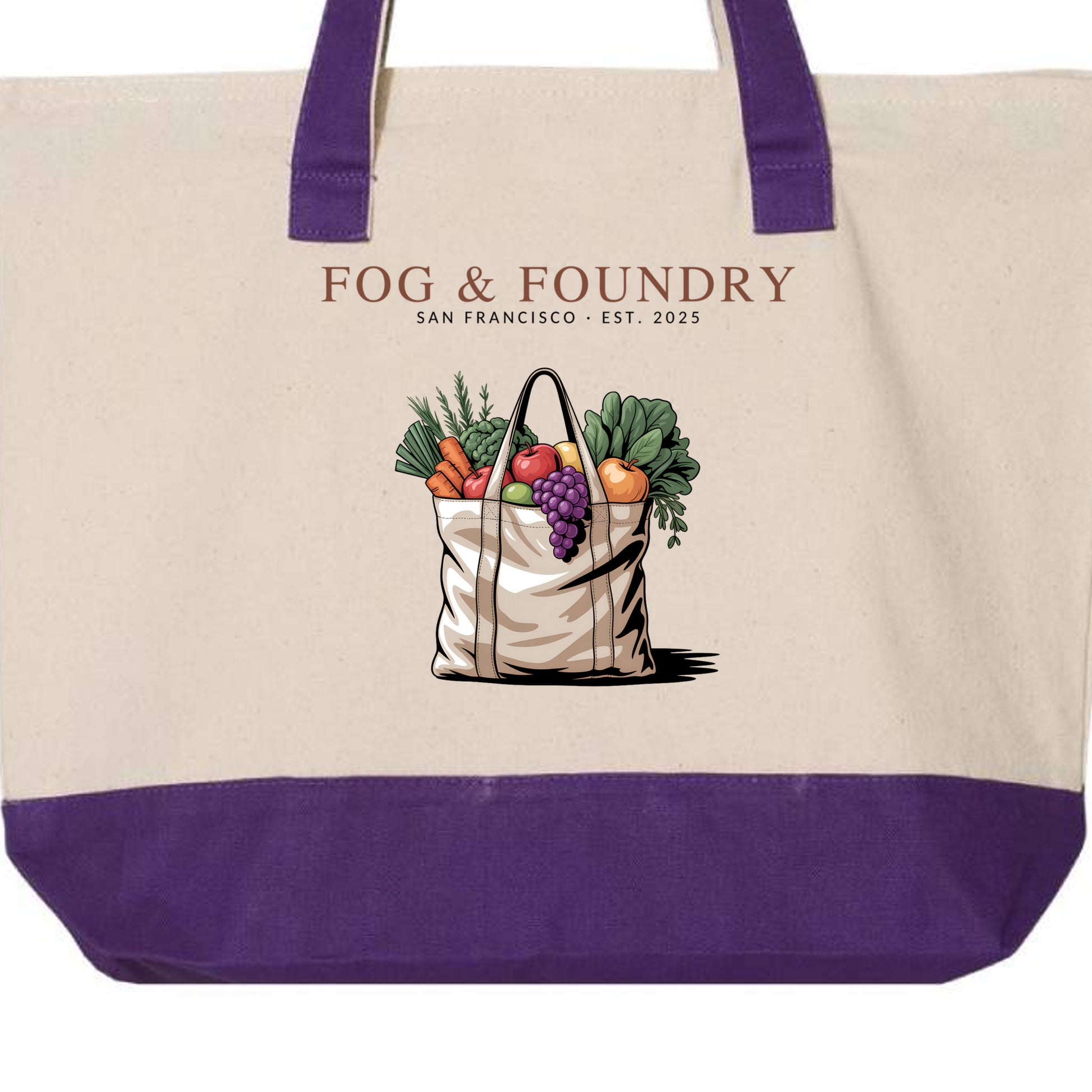 SF farmers market tote natural purple back — Fog & Foundry