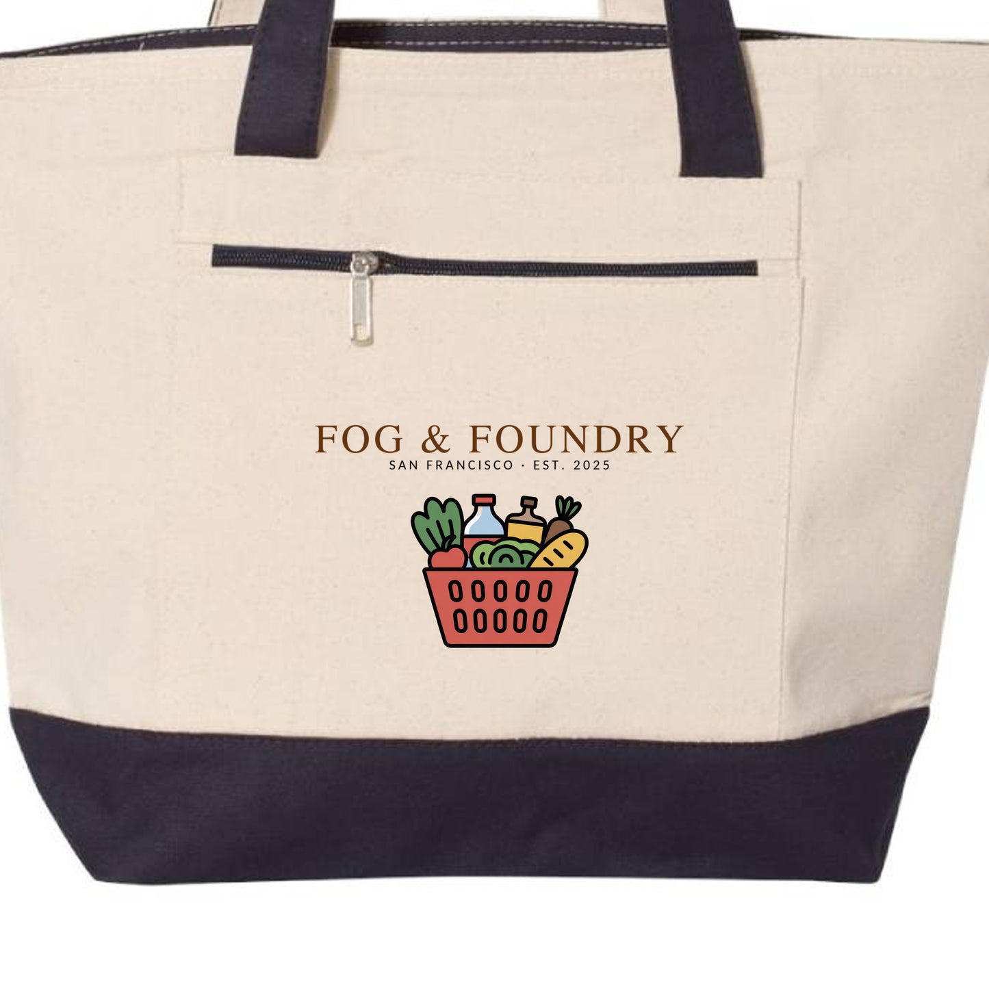 SF farmers market tote natural navy front — Fog & Foundry