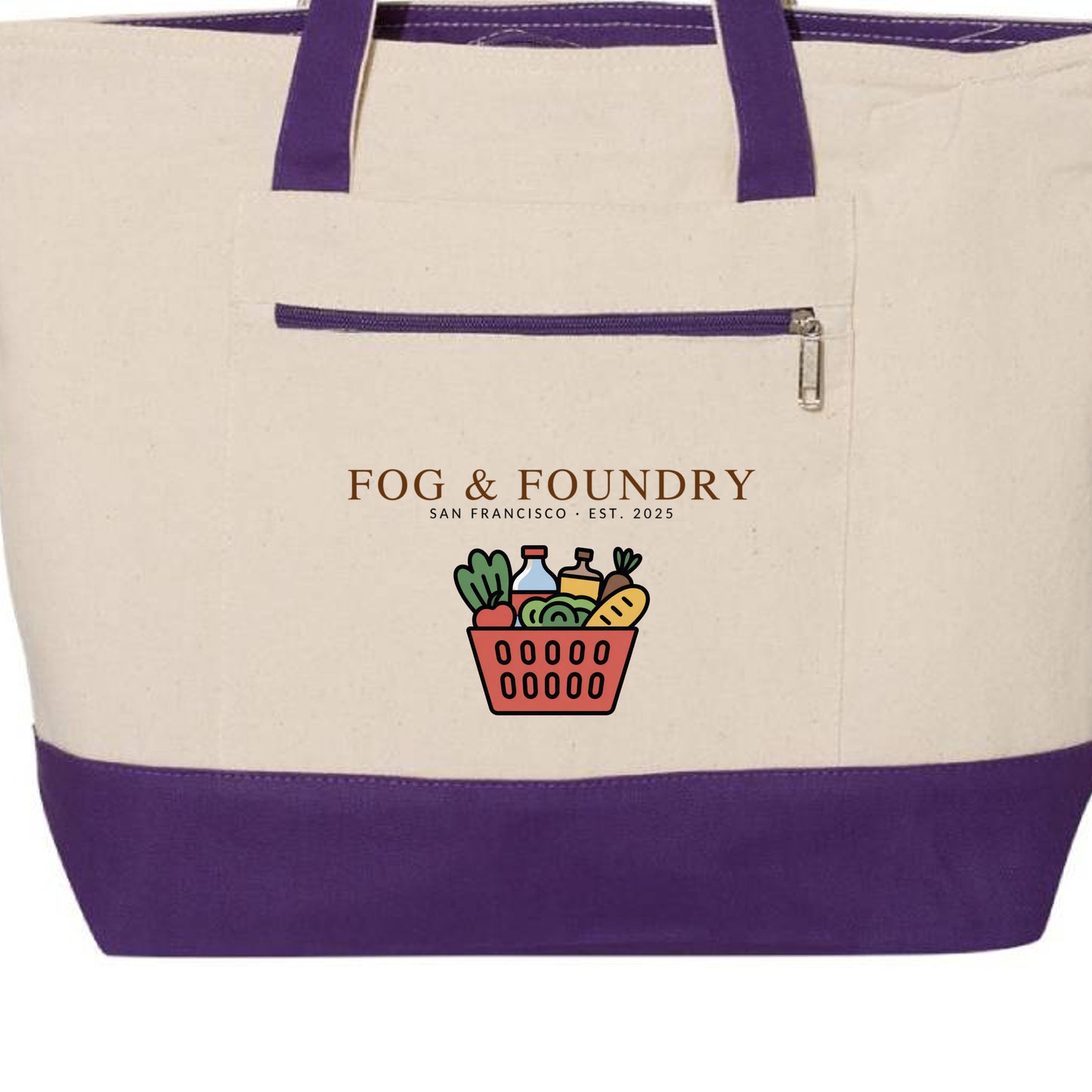 SF farmers market tote natural purple front — Fog & Foundry