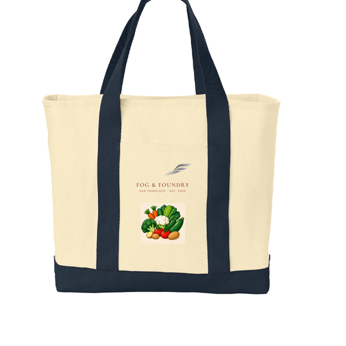 Cotton tote bag from Fog & Foundry featuring natural beige fabric and sturdy handles, ideal for casual carrying and everyday use.