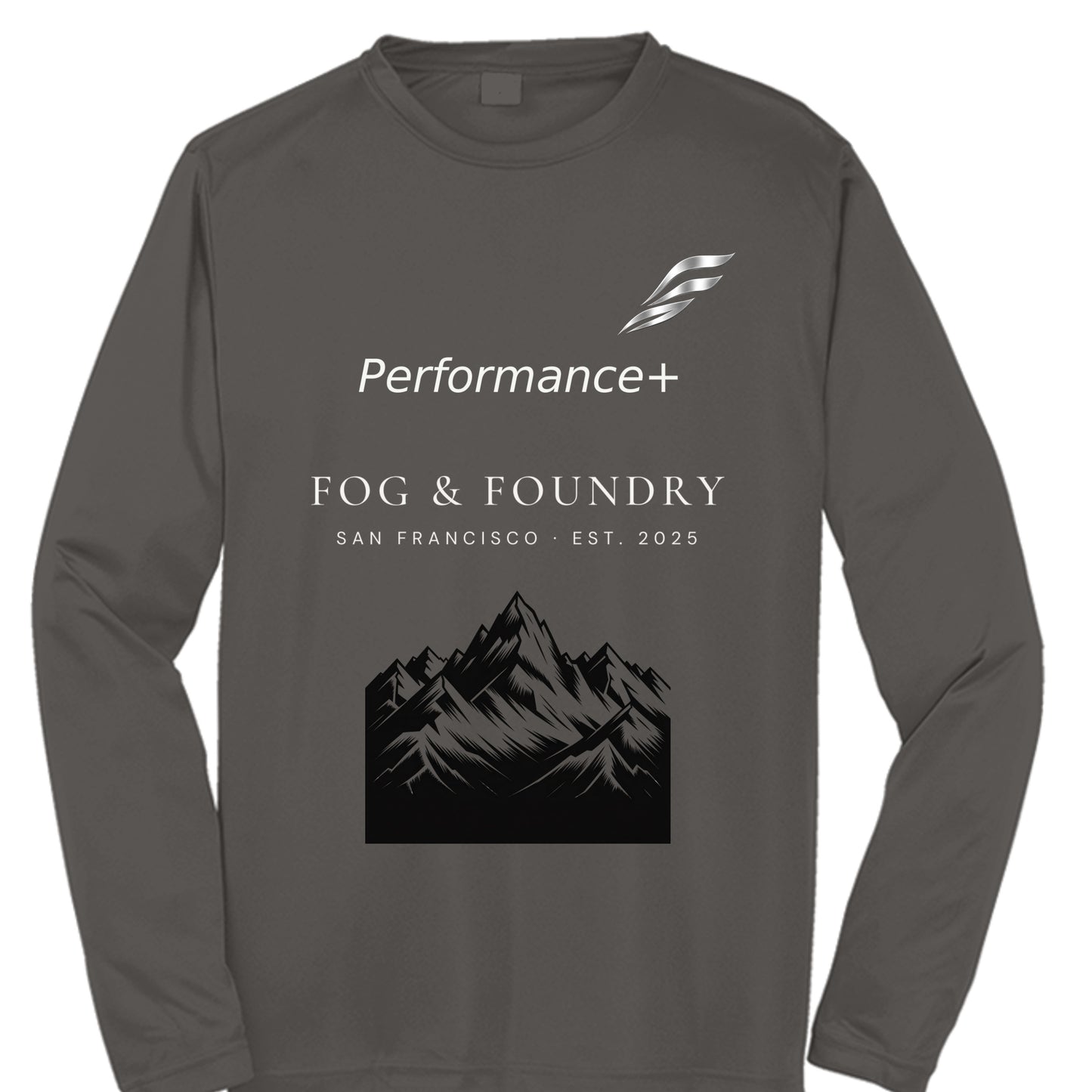 Foggy Mountain long-sleeve tee iron grey front — Fog & Foundry