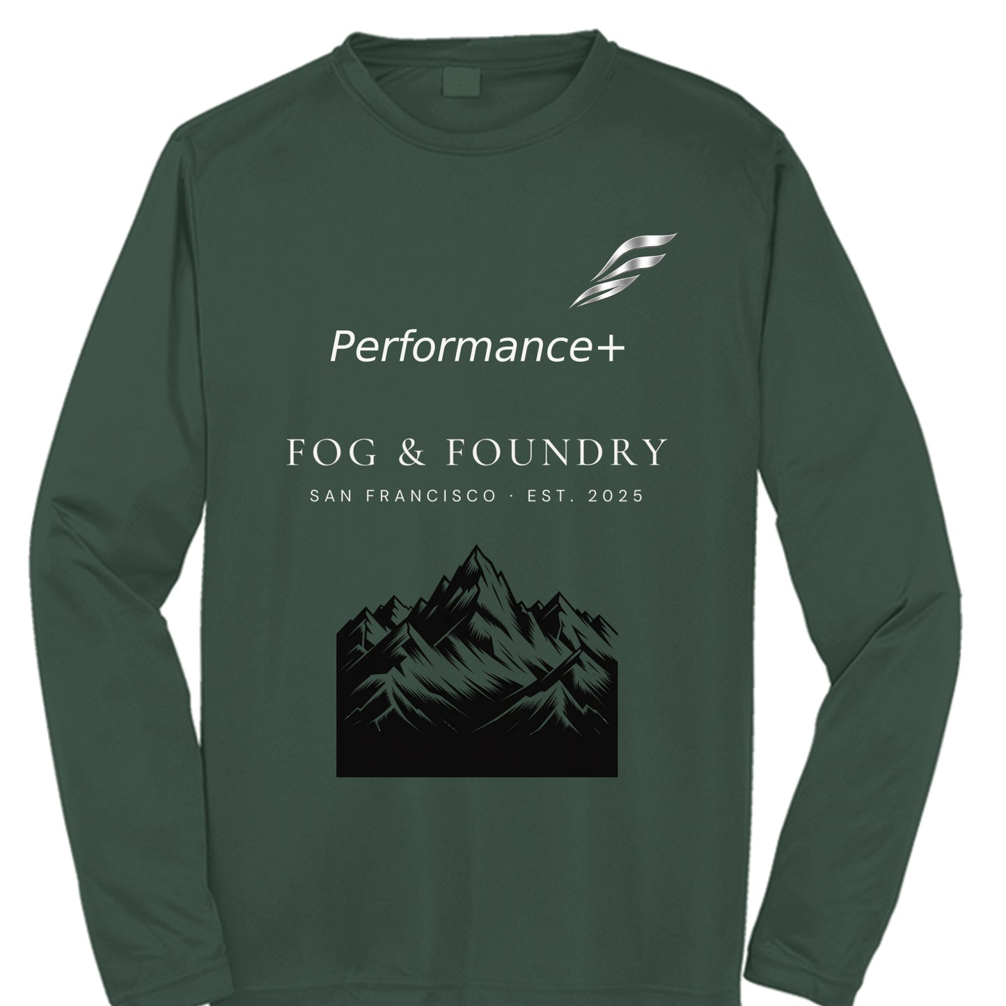 Foggy Mountain long-sleeve tee forest green front — Fog & Foundry