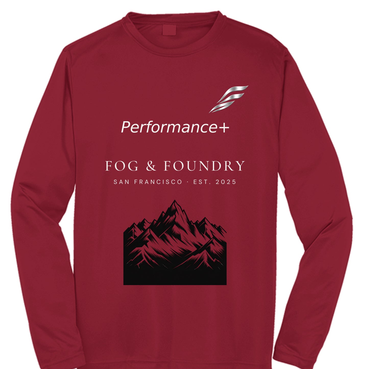 Foggy Mountain long-sleeve tee deep red front — Fog & Foundry