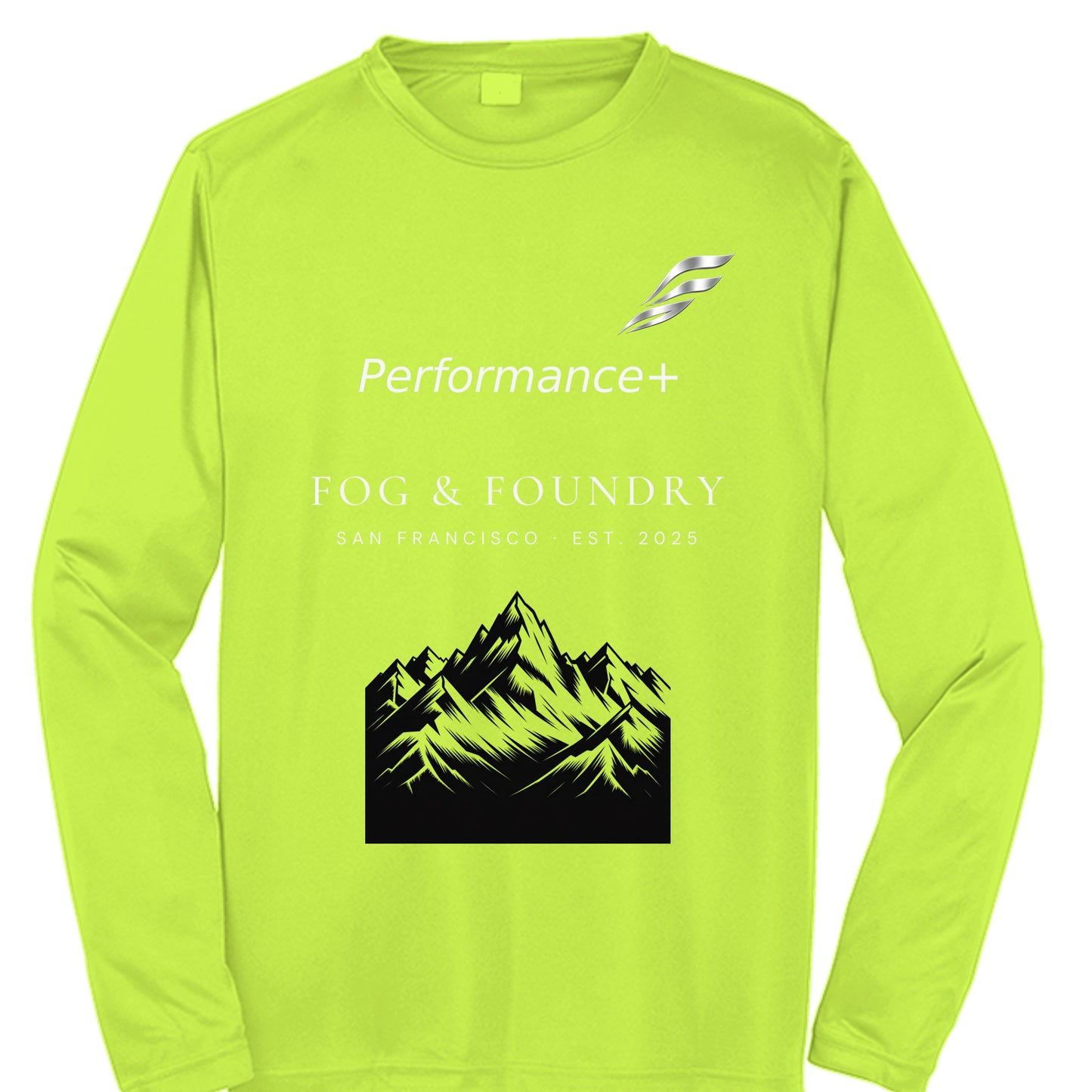 Foggy Mountain long-sleeve tee neon yellow front — Fog & Foundry