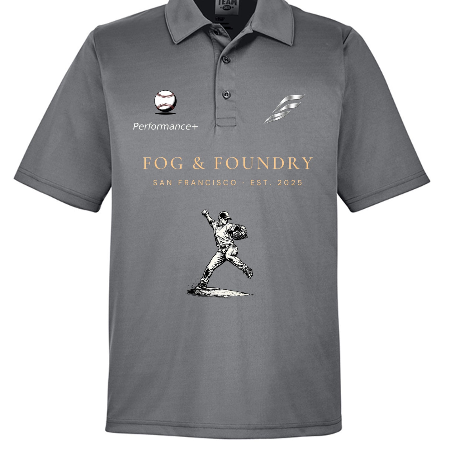Baseball polo sport graphite front — Fog & Foundry