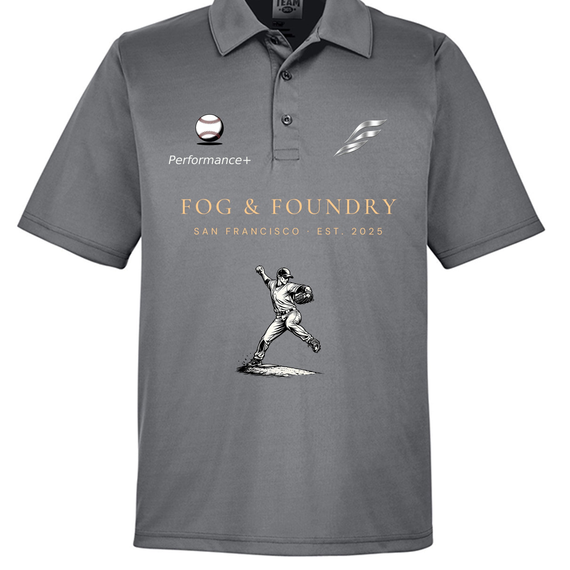 Baseball polo sport graphite front — Fog & Foundry