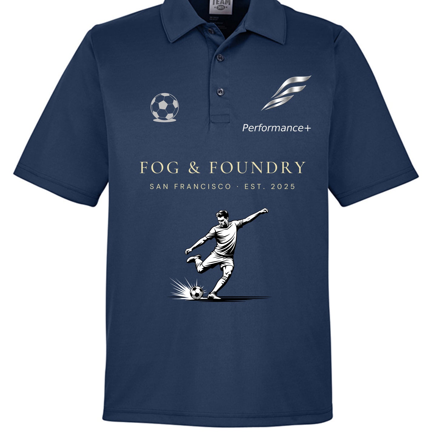 Soccer polo sport dark navy front — Fog & Foundry