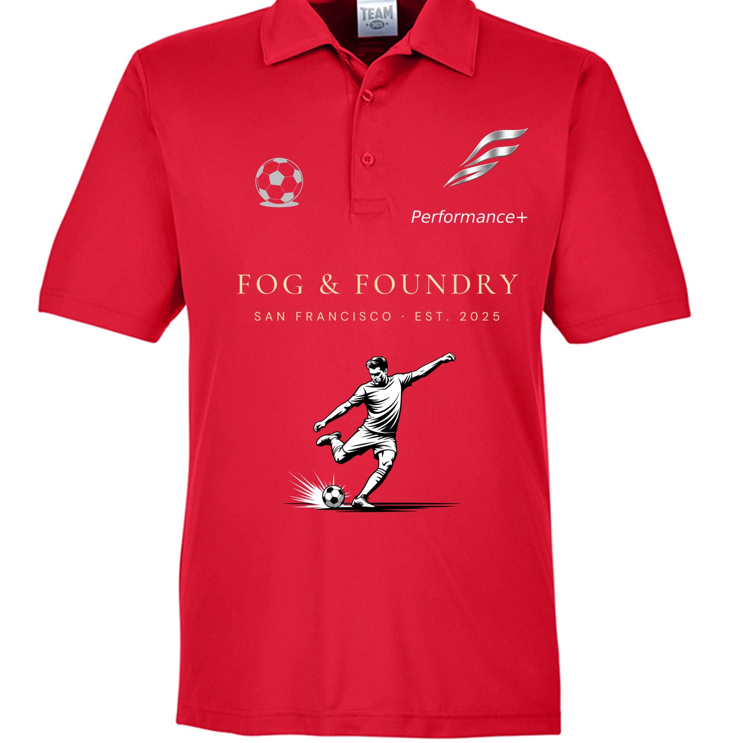 Soccer polo sport red front — Fog & Foundry