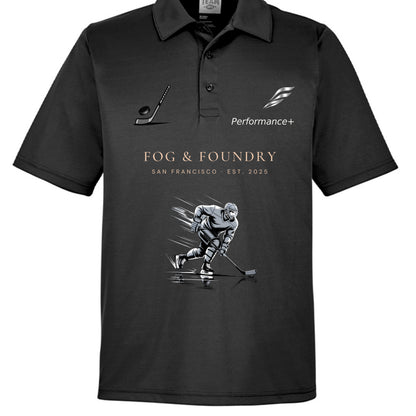 Fog & Foundry Hockey Performance+ Polo in navy with white accents, showcasing a stylish, breathable sports polo shirt.