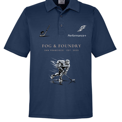 Fog & Foundry Hockey Performance+ Polo, front view showcasing the athletic navy blue polo with logo details.