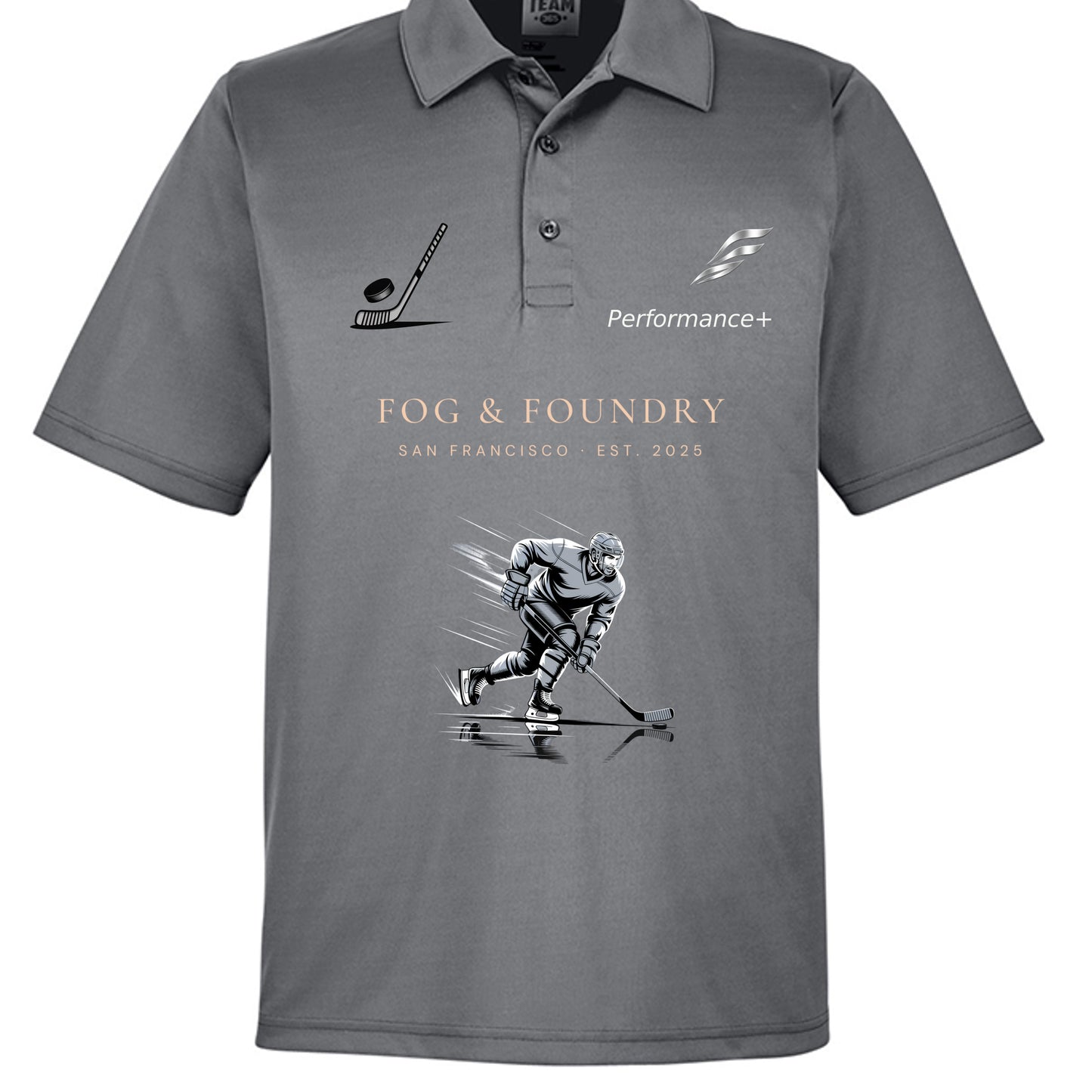 Fog & Foundry Hockey Performance+ Polo featuring a sleek design in fog color, showcasing the comfortable fit and sporty style.