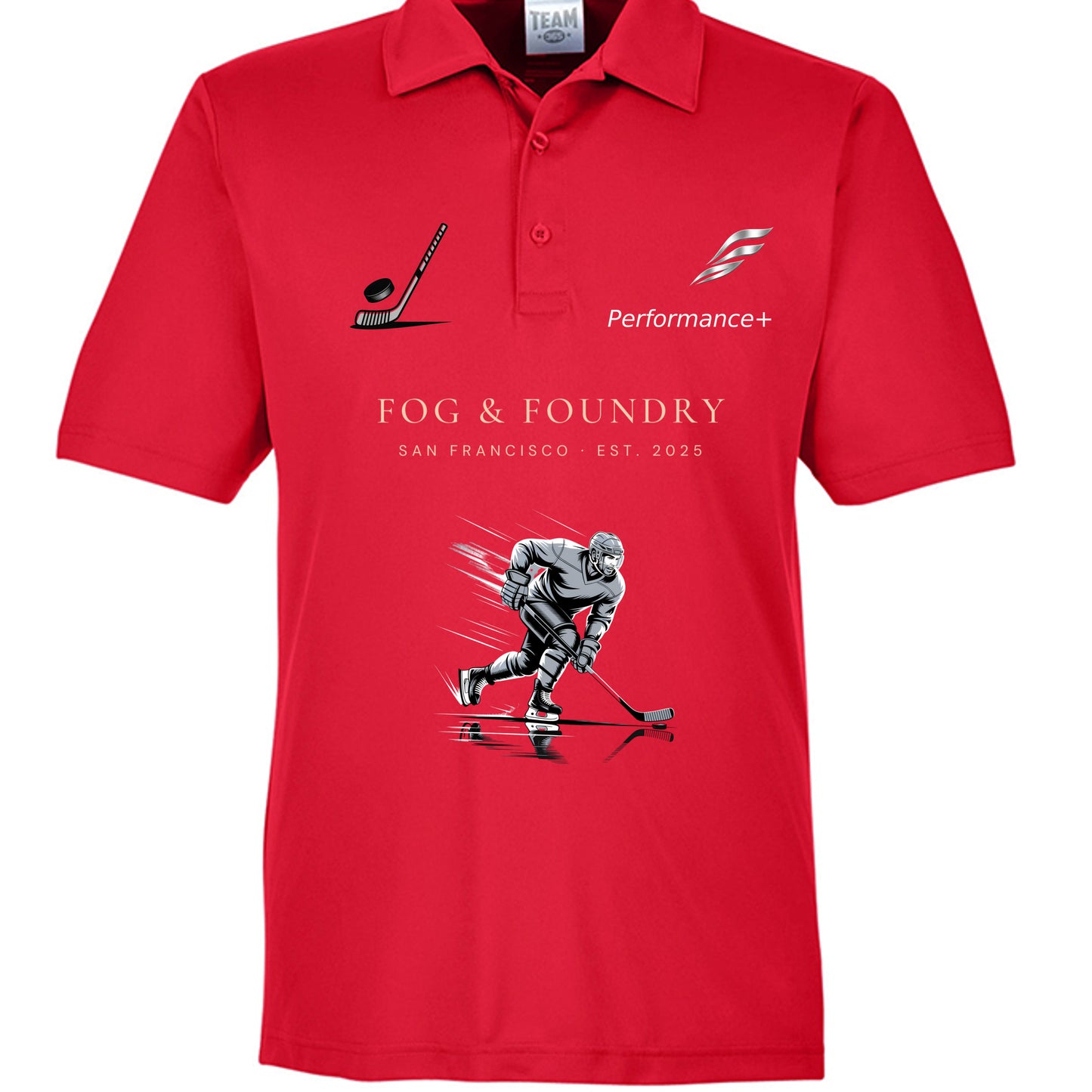 Fog & Foundry Hockey Performance+ Polo in navy with white accents, featuring a classic collar and breathable fabric.
