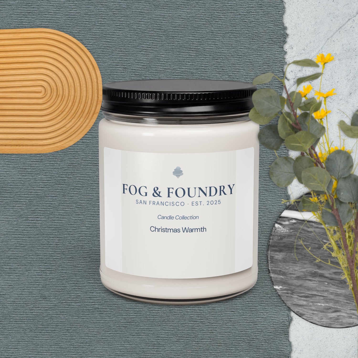 Fog & Foundry Christmas Warmth Candle No. 08, 9oz scented soy candle with festive holiday design and warm winter aroma.