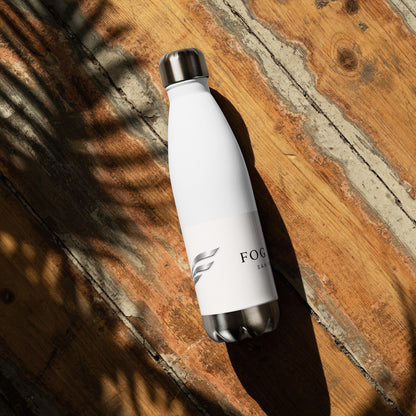 White 17oz stainless steel Twin Peaks water bottle from Fog & Foundry, shown from the back. Durable, sleek travel hydration.