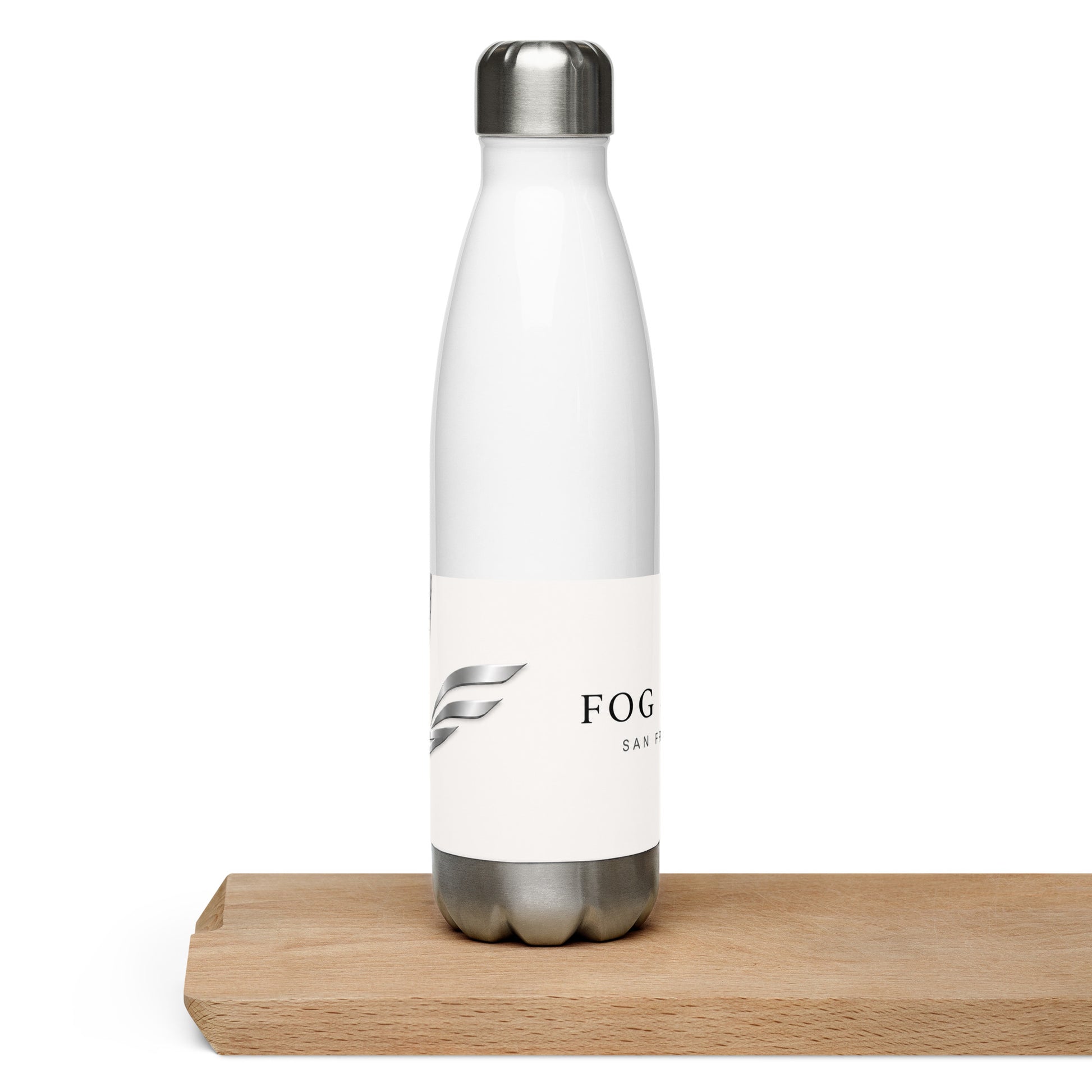 White 17oz stainless steel Twin Peaks water bottle by Fog & Foundry, shown from the back with a sleek design.